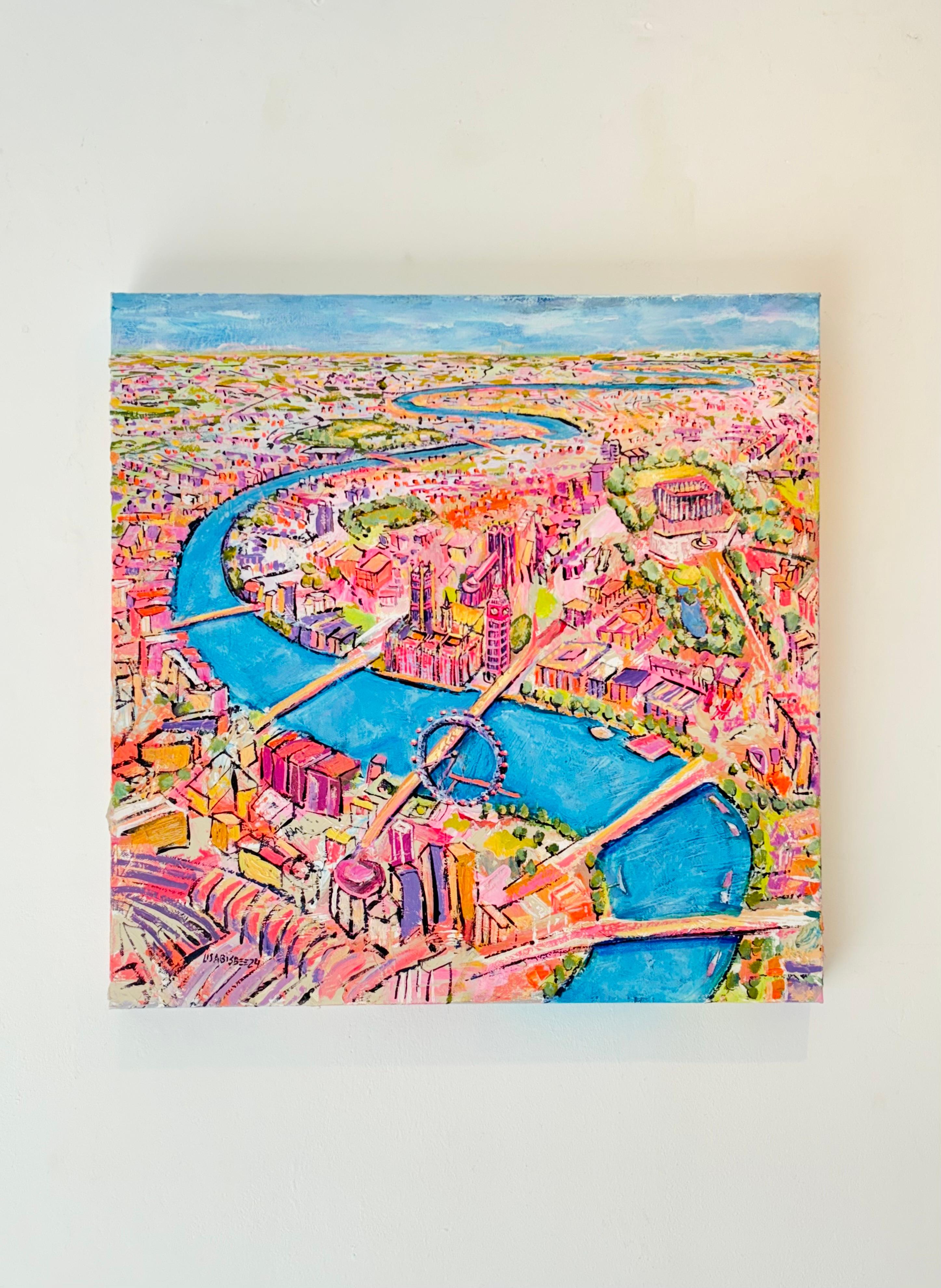 Vogelperspektive von  Big Ben – Originales modernes Ölgemälde mit Stadtansicht in Öl – Kunst (Braun), Landscape Painting, von Lisa Bisbee