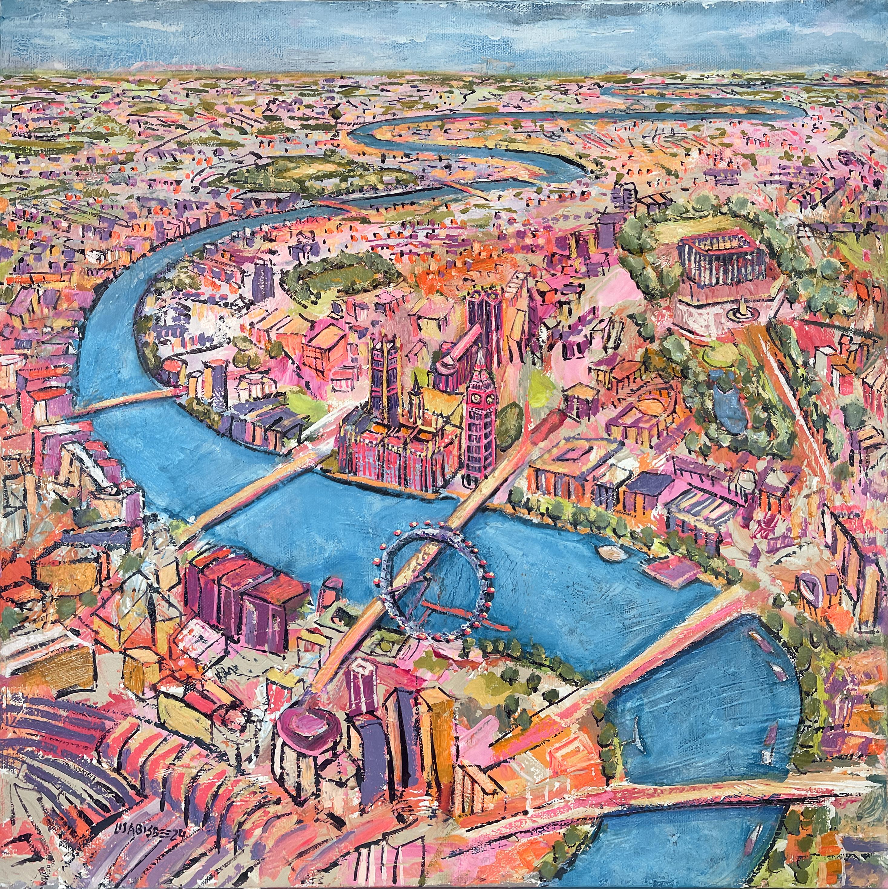 Lisa Bisbee Landscape Painting – Vogelperspektive von  Big Ben – Originales modernes Ölgemälde mit Stadtansicht in Öl – Kunst