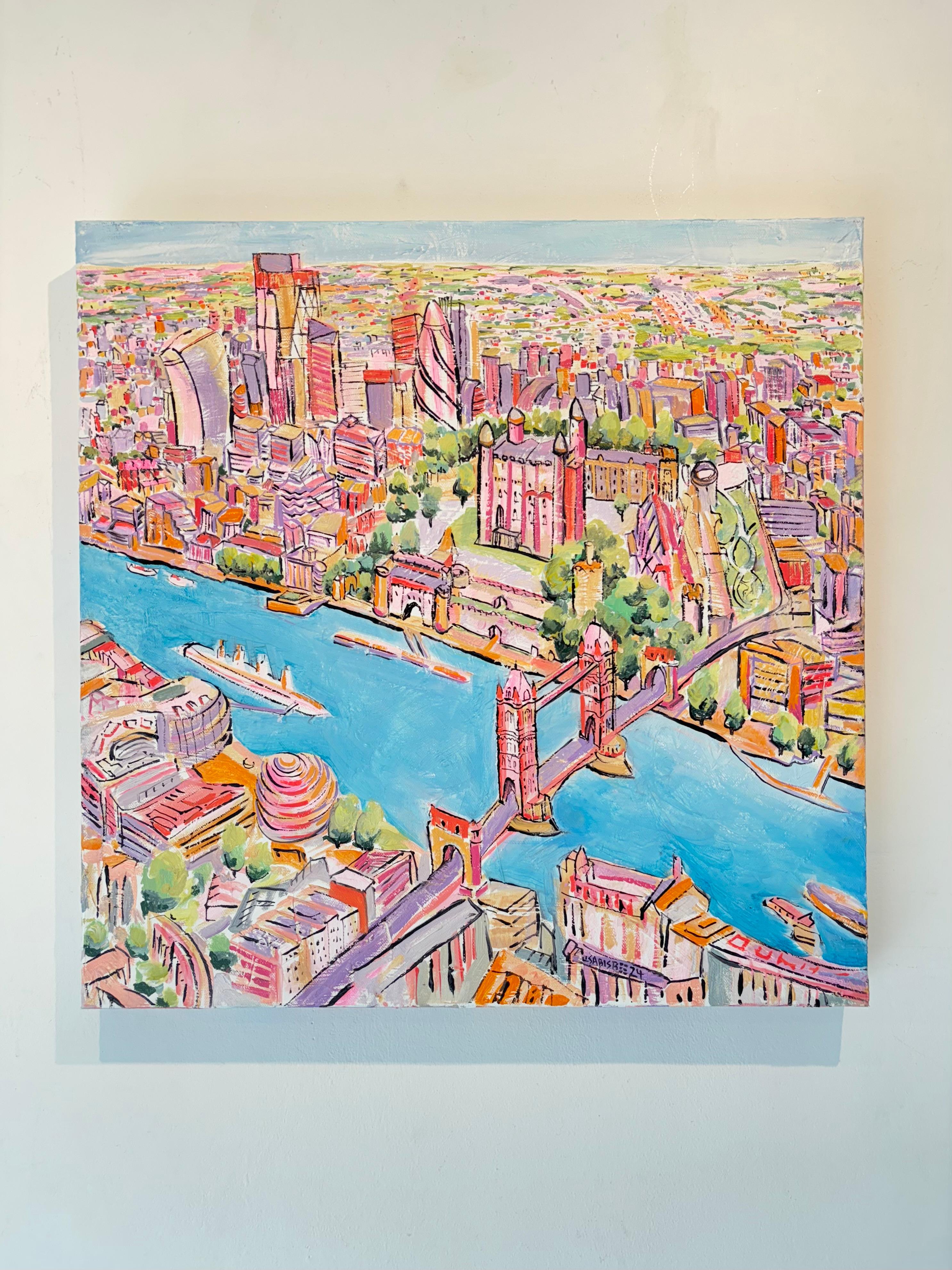 Vista de pájaro del Puente de la Torre - pintura al óleo original de un paisaje urbano moderno - arte - Painting de Lisa Bisbee