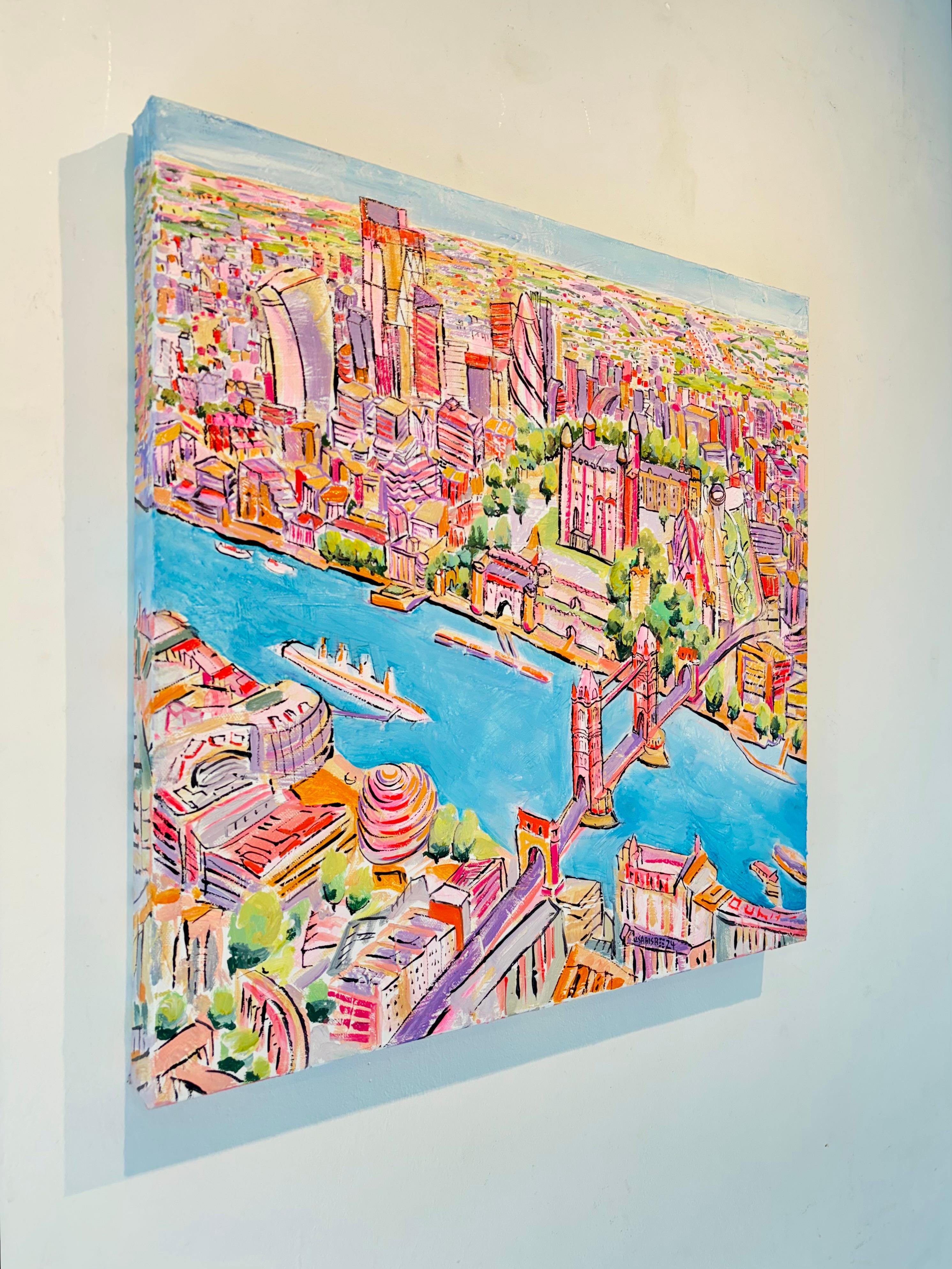 Vogelaugenausblick auf die Tower Bridge – Originales modernes Ölgemälde mit Stadtansicht – Kunst (Impressionismus), Painting, von Lisa Bisbee