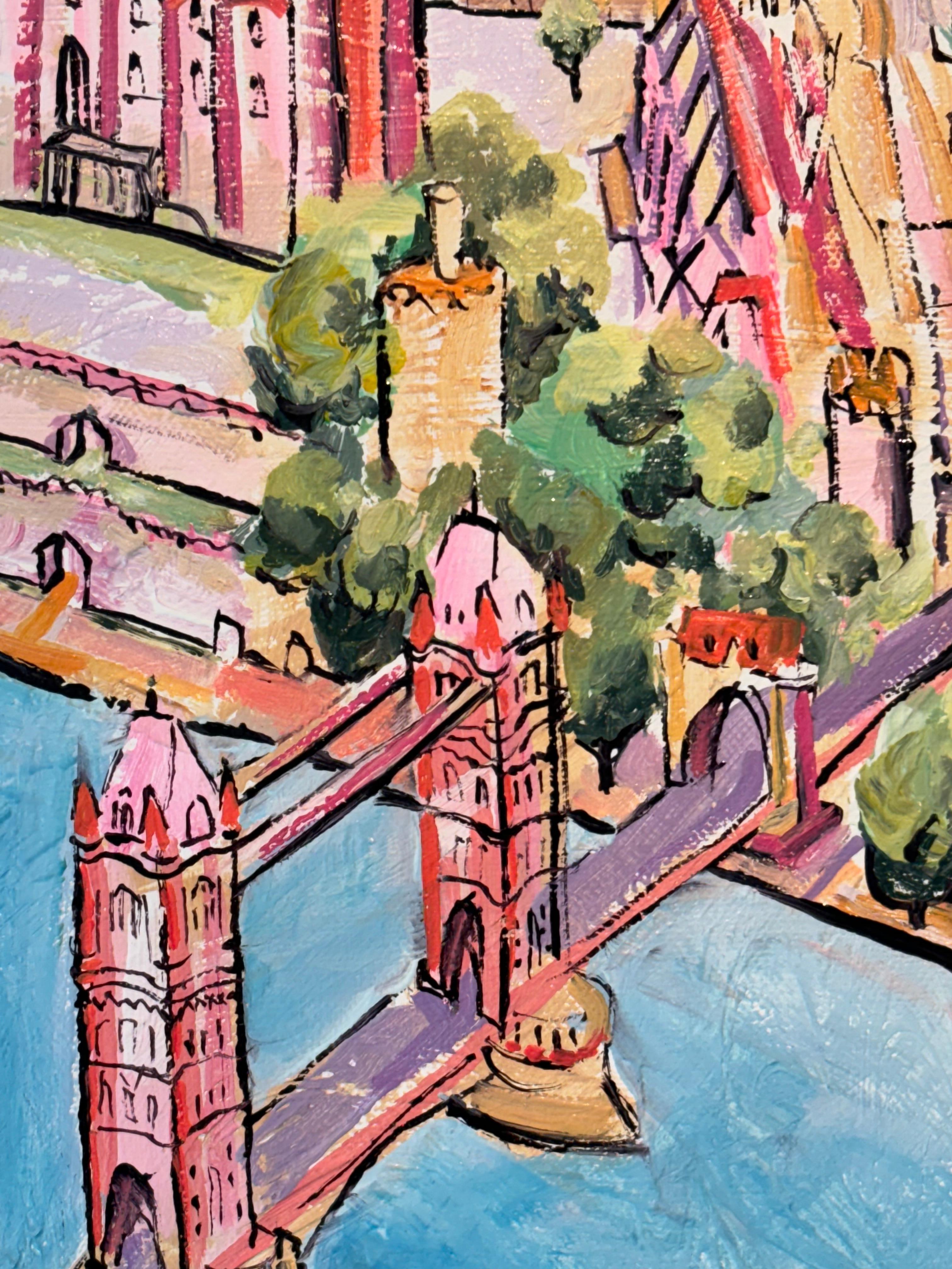 Vogelaugenausblick auf die Tower Bridge – Originales modernes Ölgemälde mit Stadtansicht – Kunst (Grau), Landscape Painting, von Lisa Bisbee