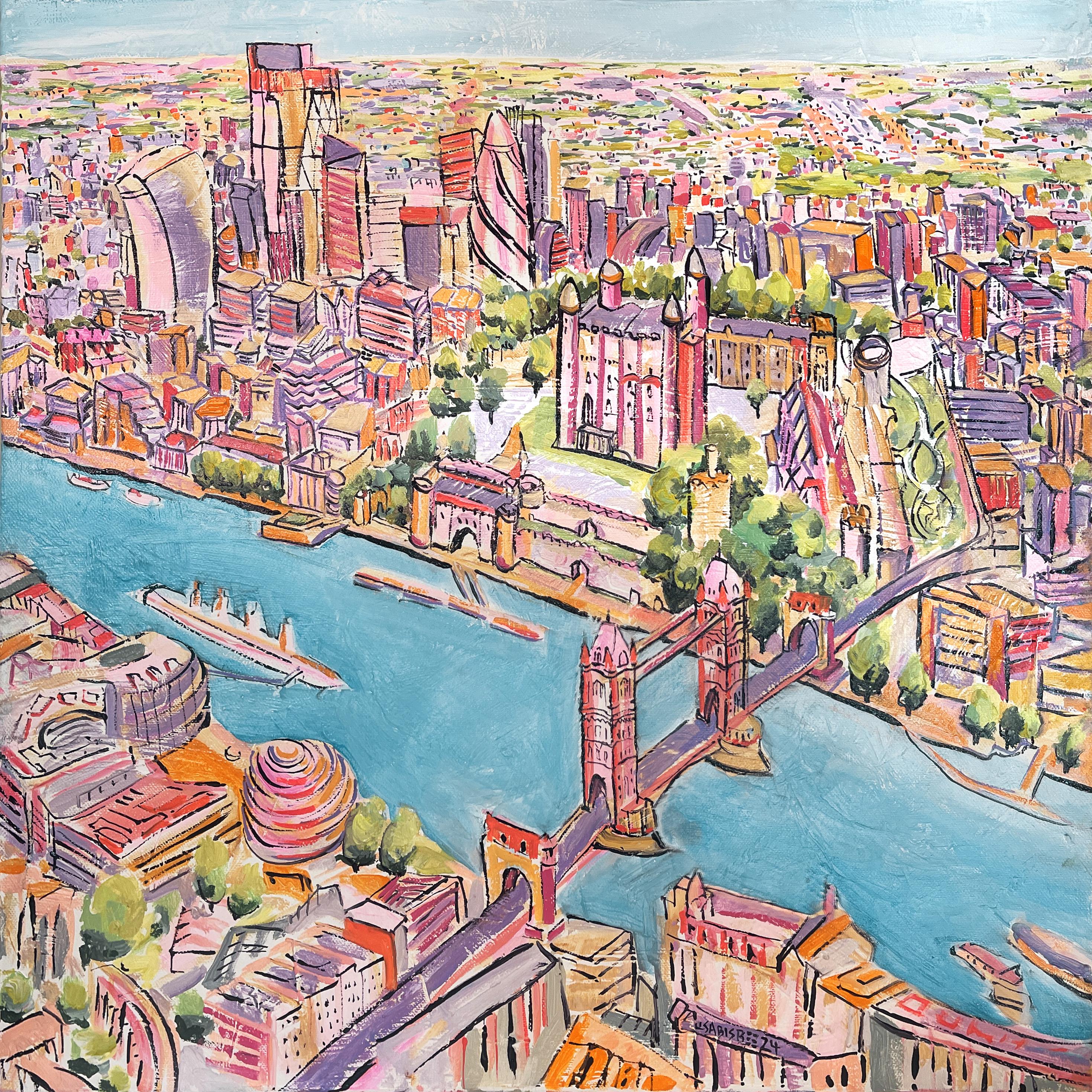 Vogelaugenausblick auf die Tower Bridge – Originales modernes Ölgemälde mit Stadtansicht – Kunst