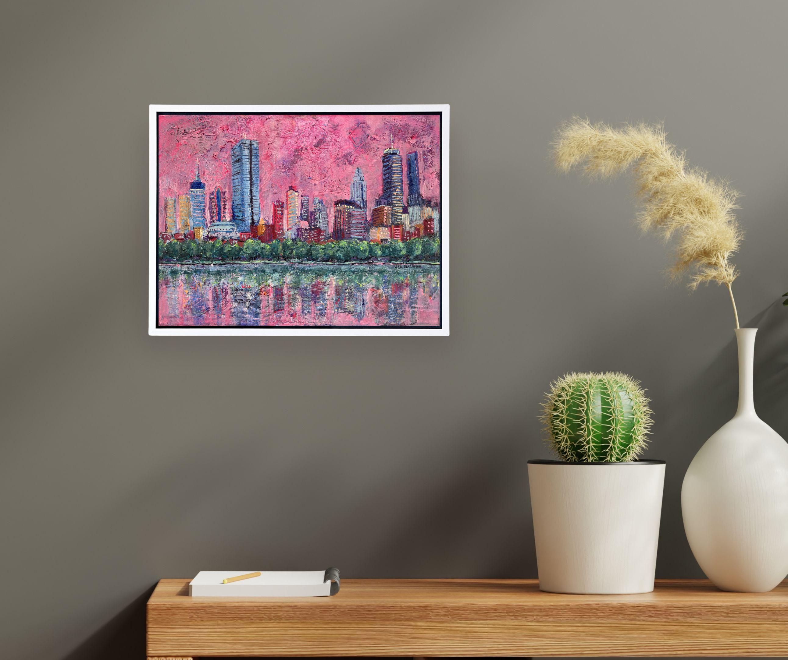 Boston Skyline über Charles River-originale Stadtbild Malerei - zeitgenössische Kunst (Abstrakt), Painting, von Lisa Bisbee