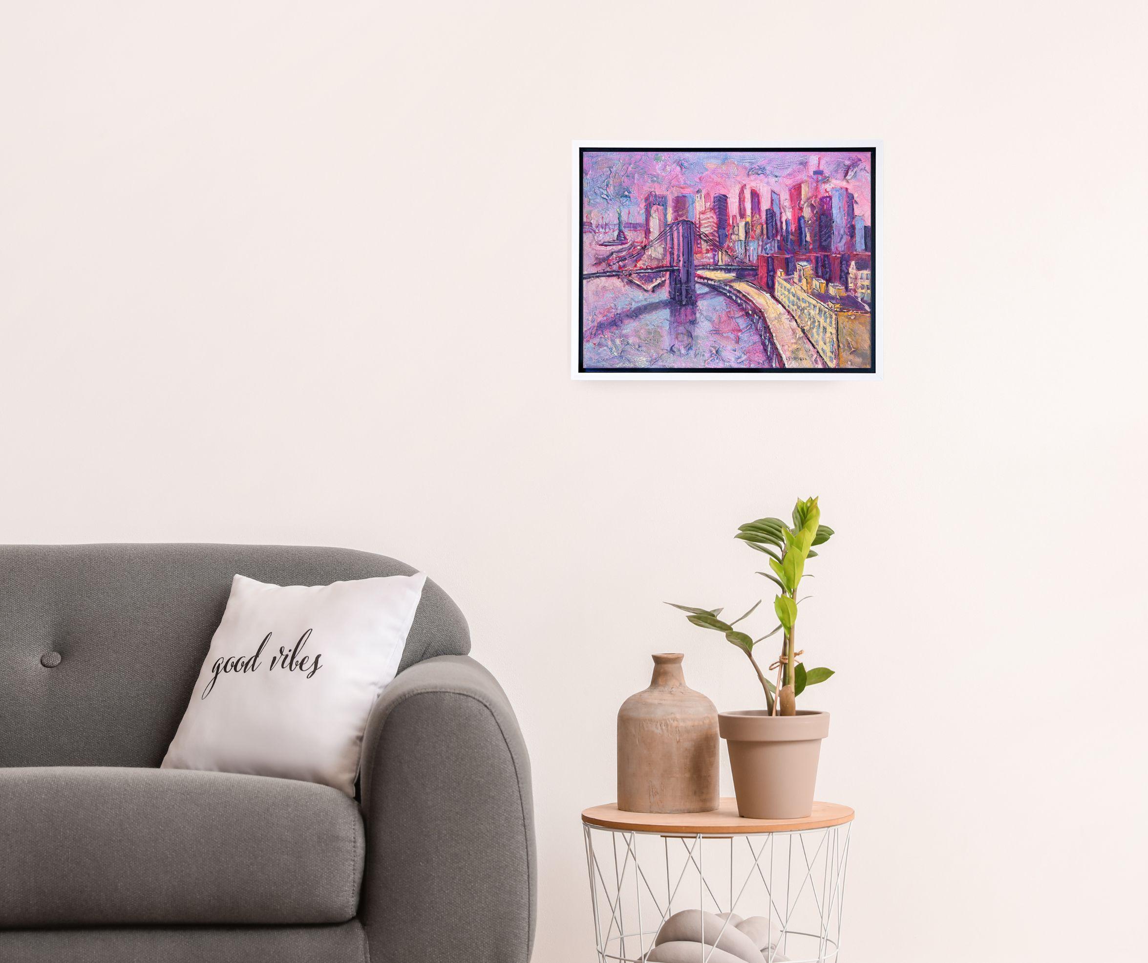 Brooklyn Bridge into Manhattan - original modern oil painting - contemporary art - Painting by Lisa Bisbee