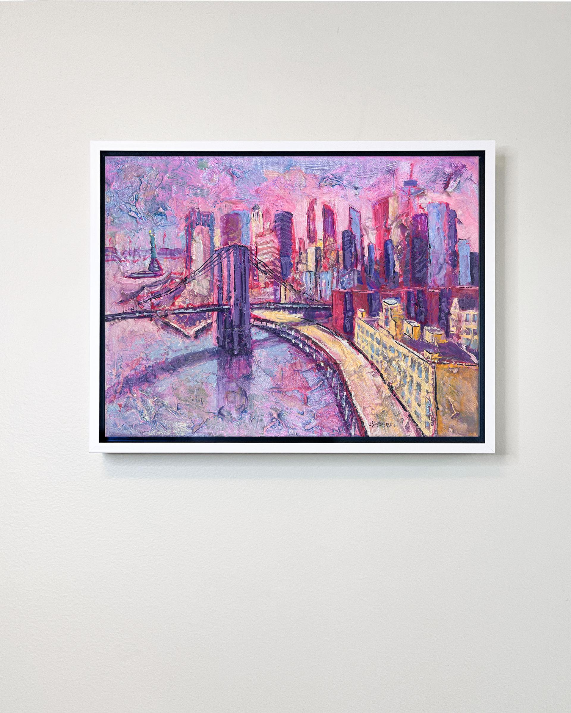 Brooklyn Bridge into Manhattan - original modern oil painting - contemporary art - Abstract Painting by Lisa Bisbee