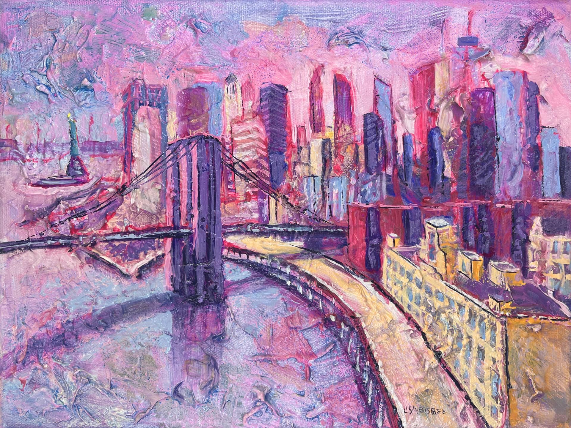 Lisa Bisbee Landscape Painting - Brooklyn Bridge into Manhattan - original modern oil painting - contemporary art