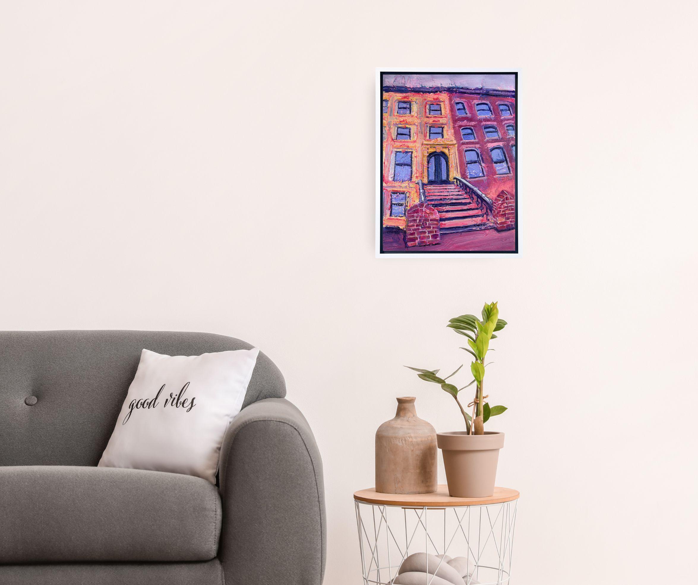 Brownstone Willoughby Avenue -  Quadro ad olio con paesaggio urbano di New York - arte contemporanea - Painting di Lisa Bisbee