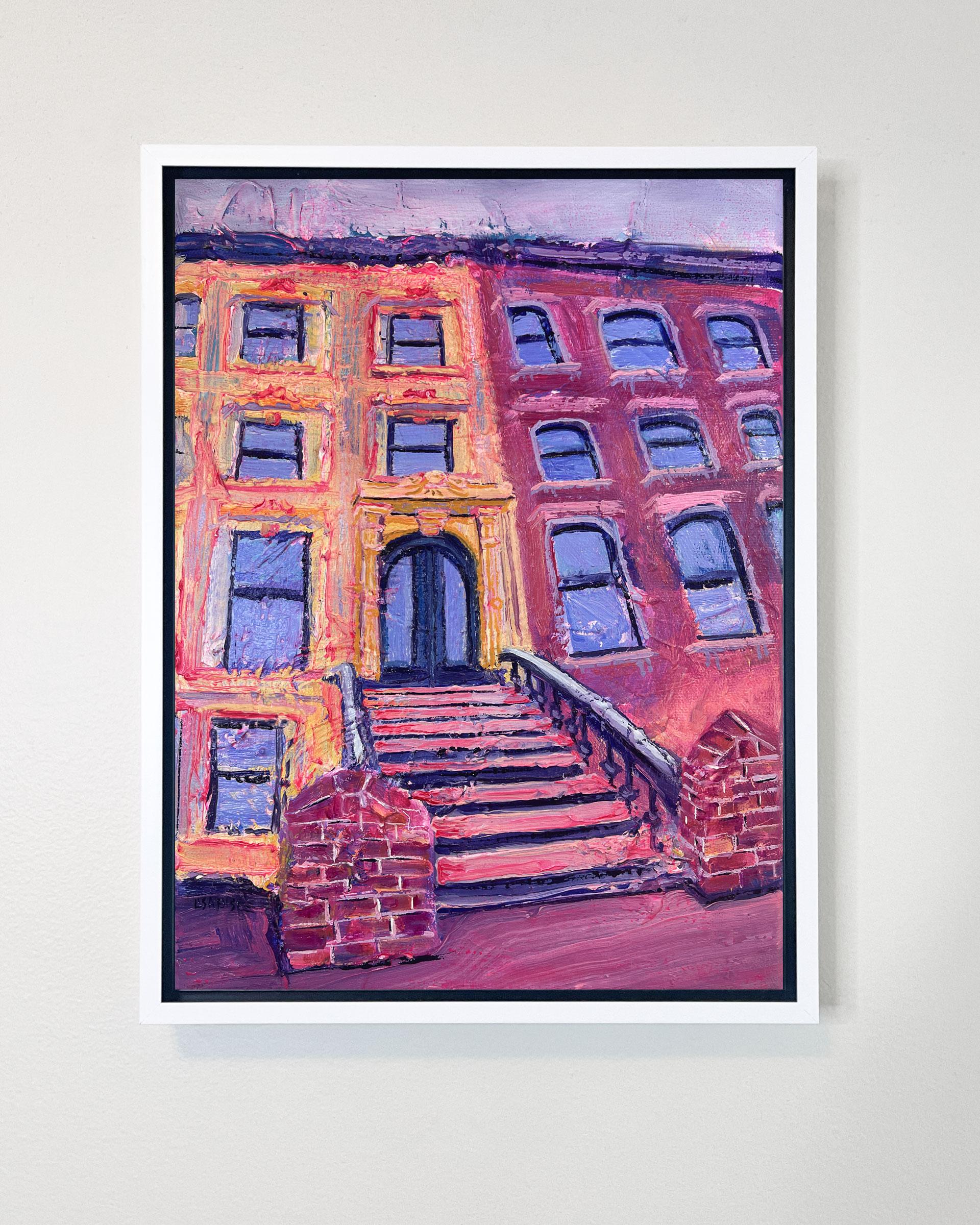 Brownstone Willoughby Avenue -  Quadro ad olio con paesaggio urbano di New York - arte contemporanea - Painting Astratto di Lisa Bisbee