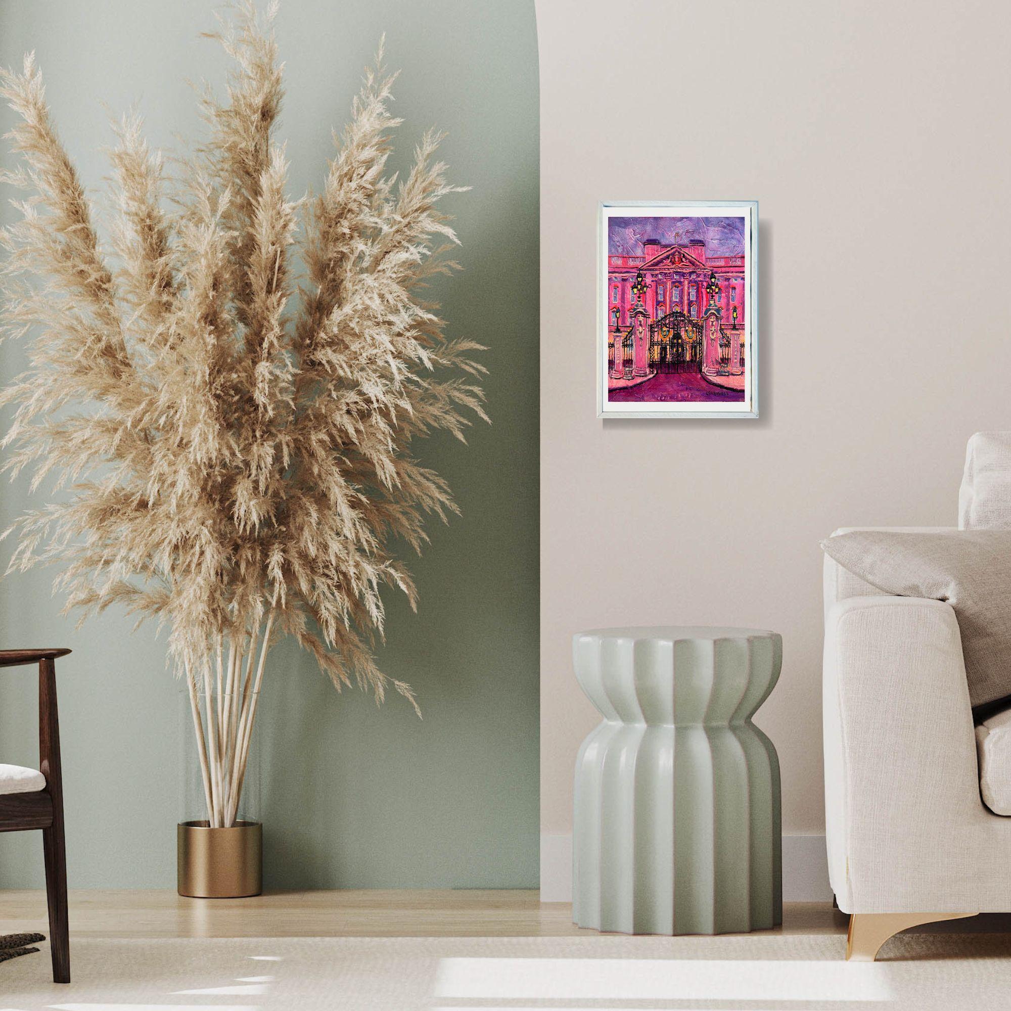 Palacio de Buckingham-Pintura al óleo original de un paisaje urbano moderno de Londres-Arte contemporáneo - Painting de Lisa Bisbee