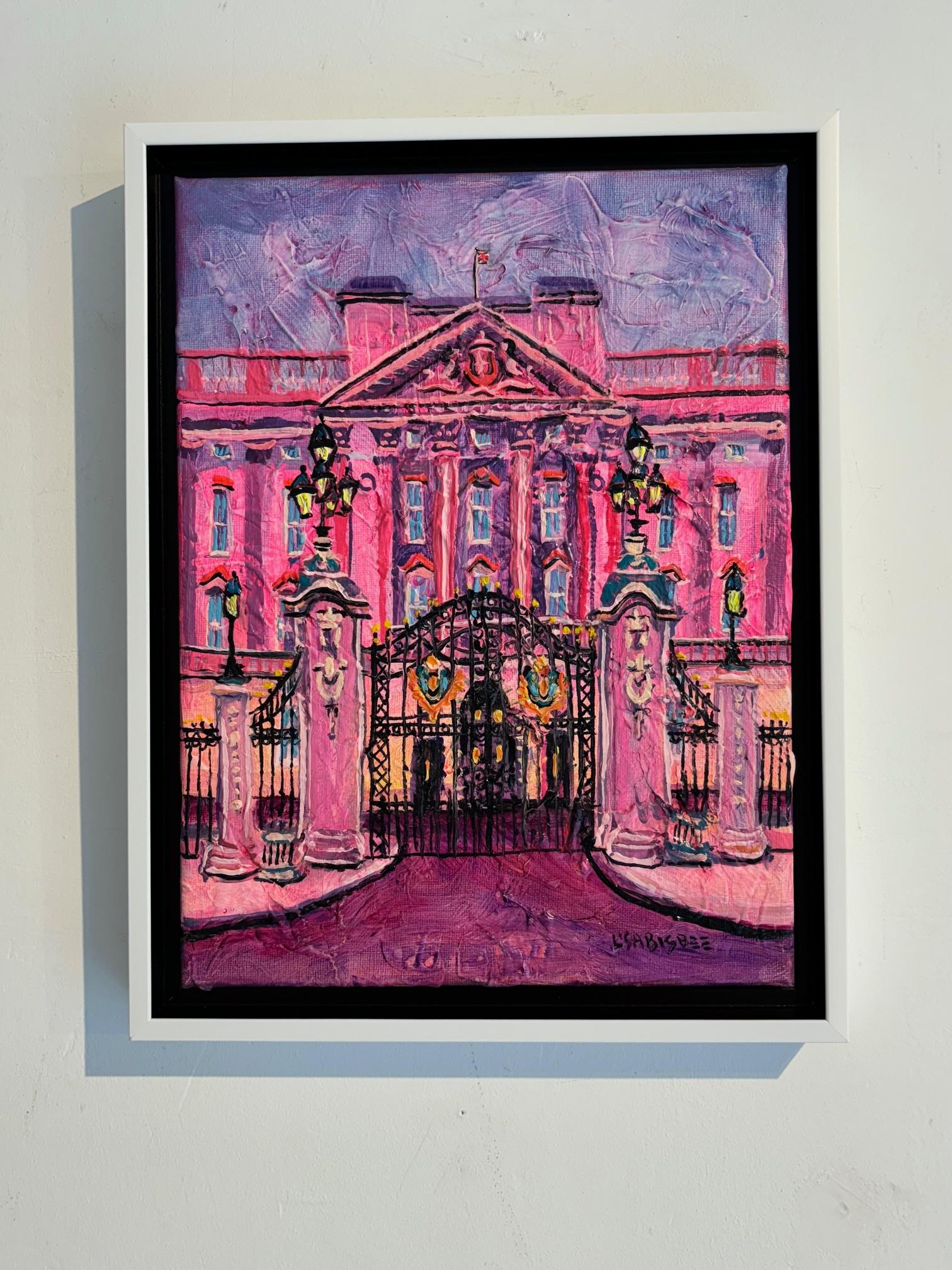 Palacio de Buckingham-Pintura al óleo original de un paisaje urbano moderno de Londres-Arte contemporáneo - Painting Abstracto de Lisa Bisbee