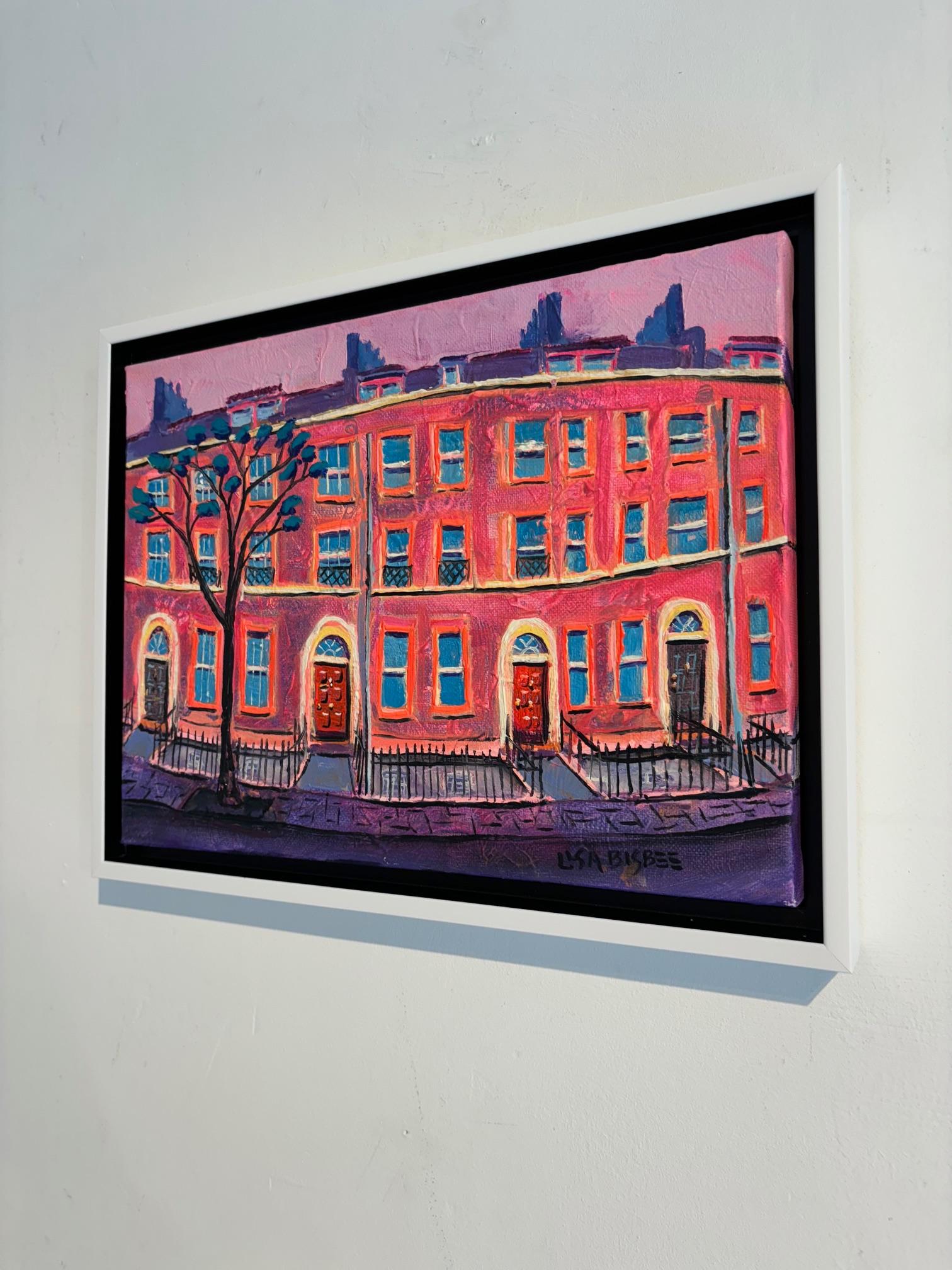 Charles Dickens-original modern London cityscape oil painting-contemporary art - Pink Landscape Painting by Lisa Bisbee