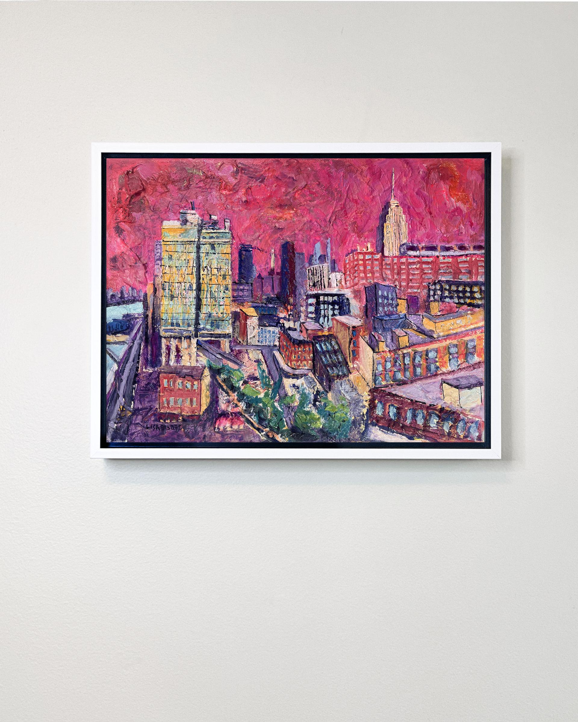 Empire State Building Blick von oben- original moderne NY Stadtbild Ölgemälde – Painting von Lisa Bisbee
