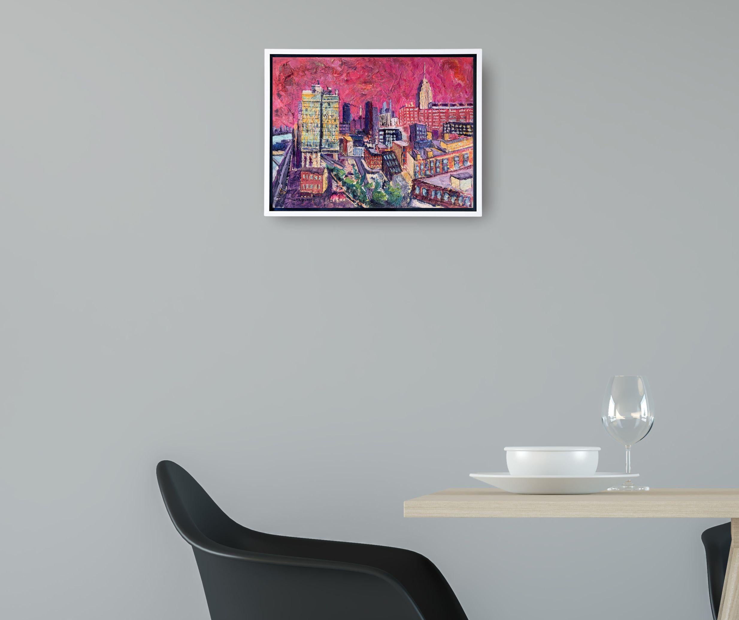 Empire State Building View from Above- peinture à l'huile moderne originale d'un paysage urbain de NY - Abstrait Painting par Lisa Bisbee