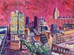 Empire State Building View from Above- pintura al óleo original de un paisaje urbano moderno de NY