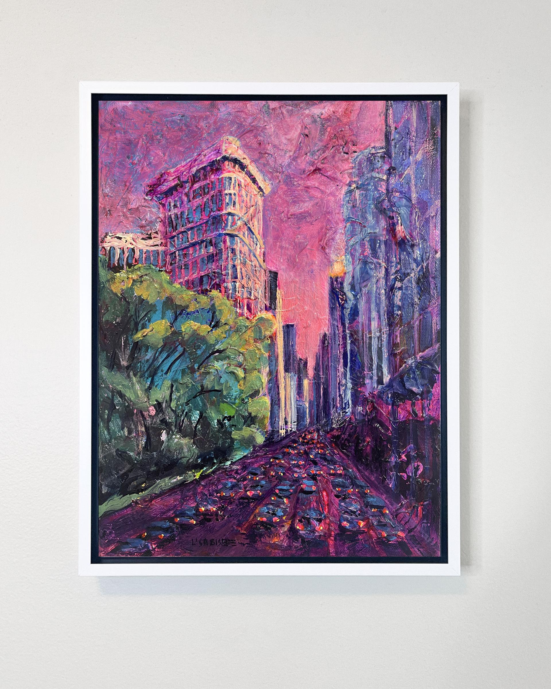 Flatiron con árboles - pintura al óleo original de un paisaje urbano moderno de Nueva York - arte contemporáneo - Painting Abstracto de Lisa Bisbee