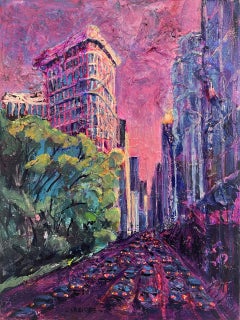 Flatiron con árboles - pintura al óleo original de un paisaje urbano moderno de Nueva York - arte contemporáneo
