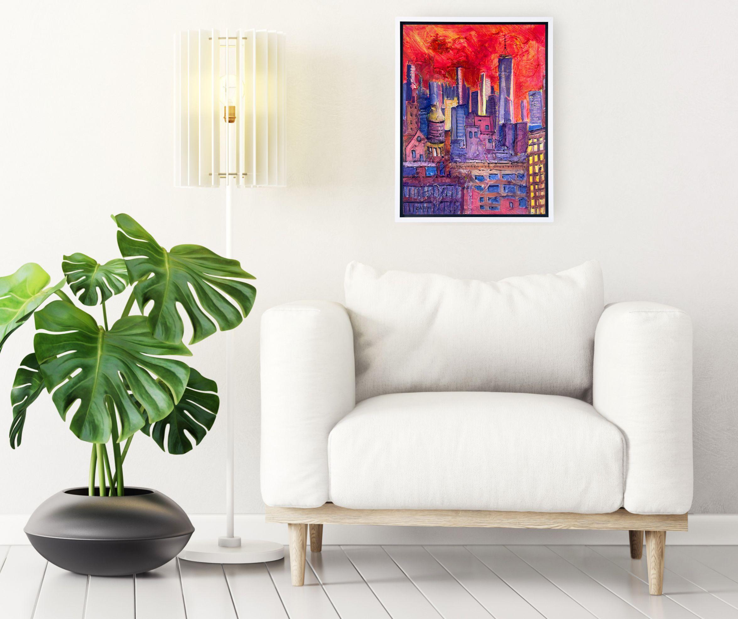 Tramonto della Freedom Tower dal Whitney Museum - dipinto originale - arte contemporanea - Painting di Lisa Bisbee