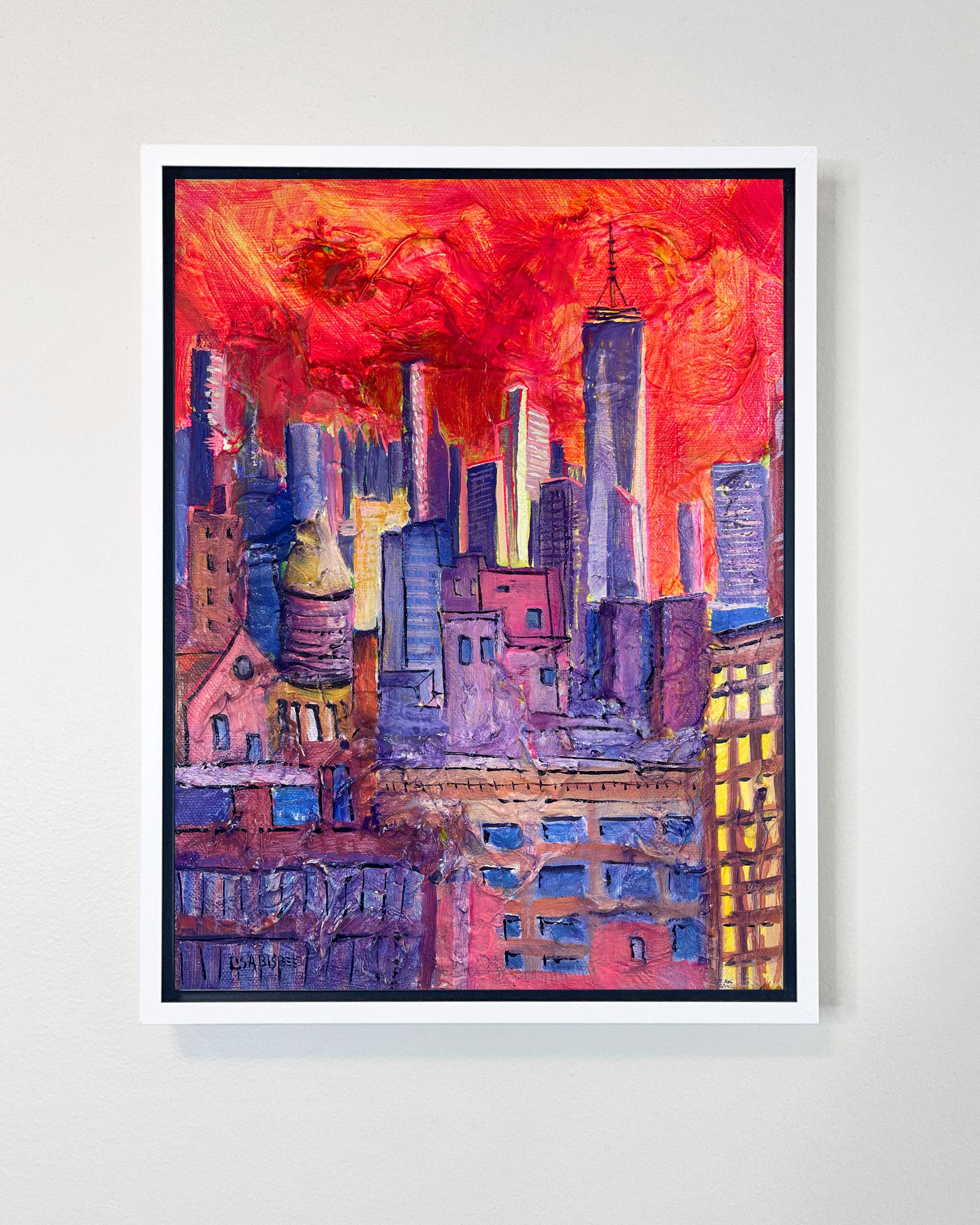 Tramonto della Freedom Tower dal Whitney Museum - dipinto originale - arte contemporanea - Painting Astratto di Lisa Bisbee