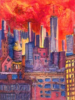 Atardecer en la Torre de la Libertad desde el Museo Whitney - pintura original - arte contemporáneo
