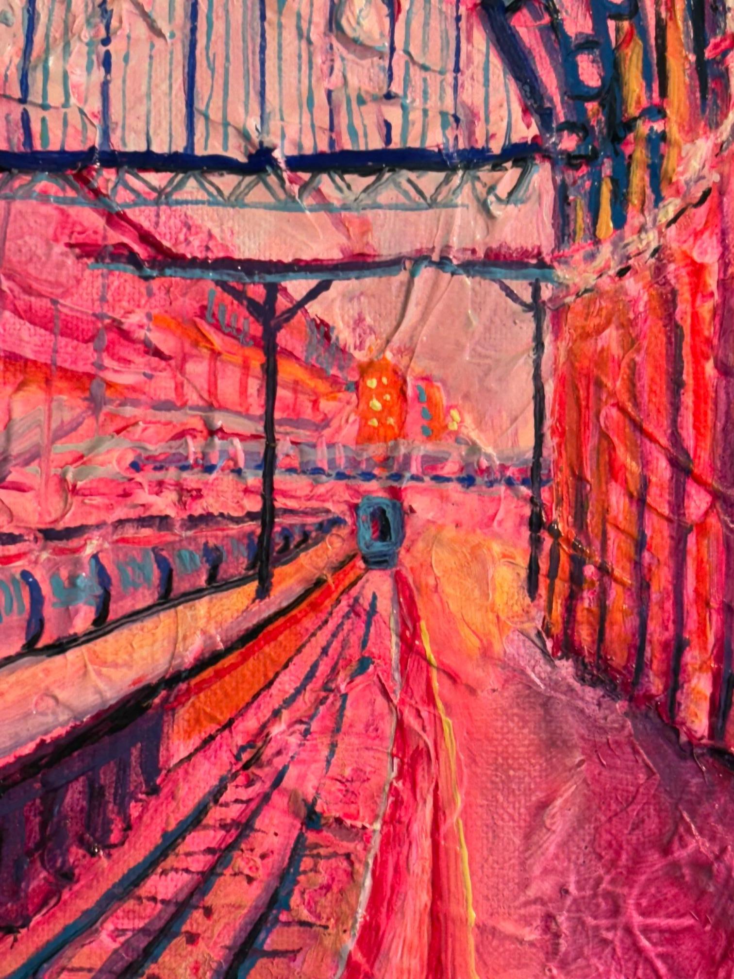 Harry Potter Bahnsteig 9-originale Londoner Stadtlandschaft-Ölgemälde-zeitgenössische Kunst (Abstrakt), Painting, von Lisa Bisbee