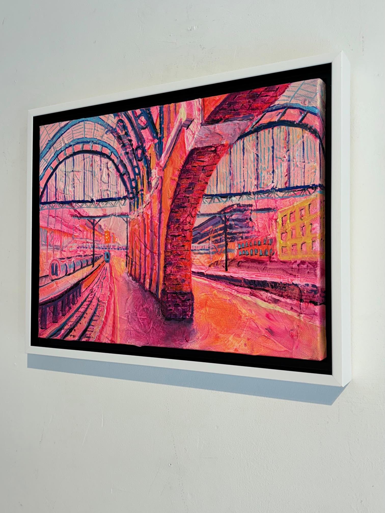 Harry Potter Platform 9-original London cityscape oil painting-contemporary art - Pink Landscape Painting by Lisa Bisbee