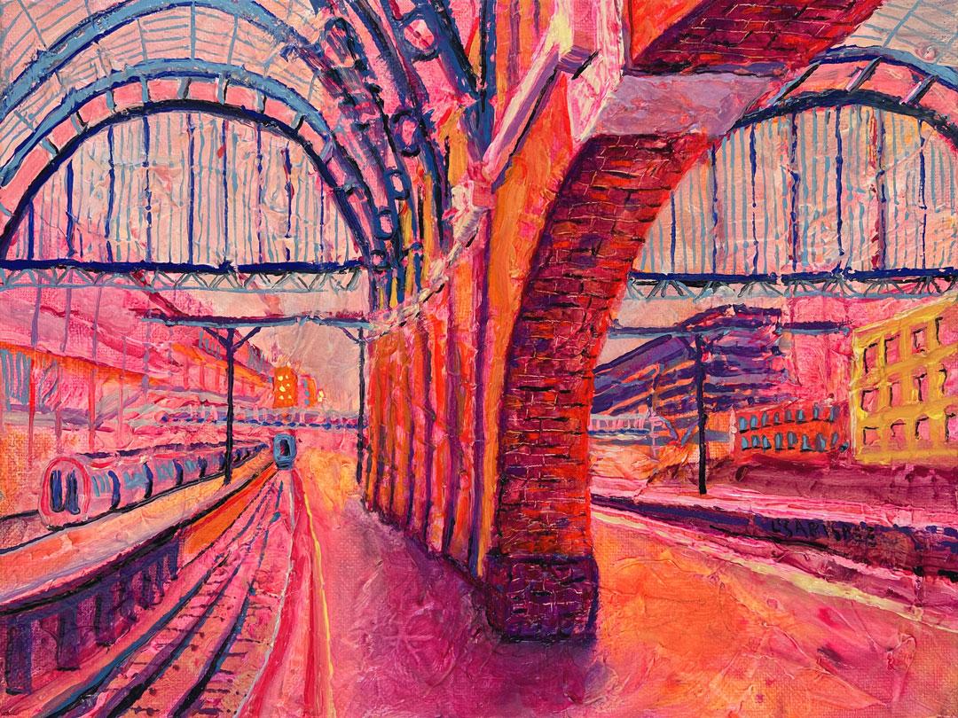 Harry Potter Piattaforma 9-Pittura ad olio originale del paesaggio urbano di Londra-Arte contemporanea