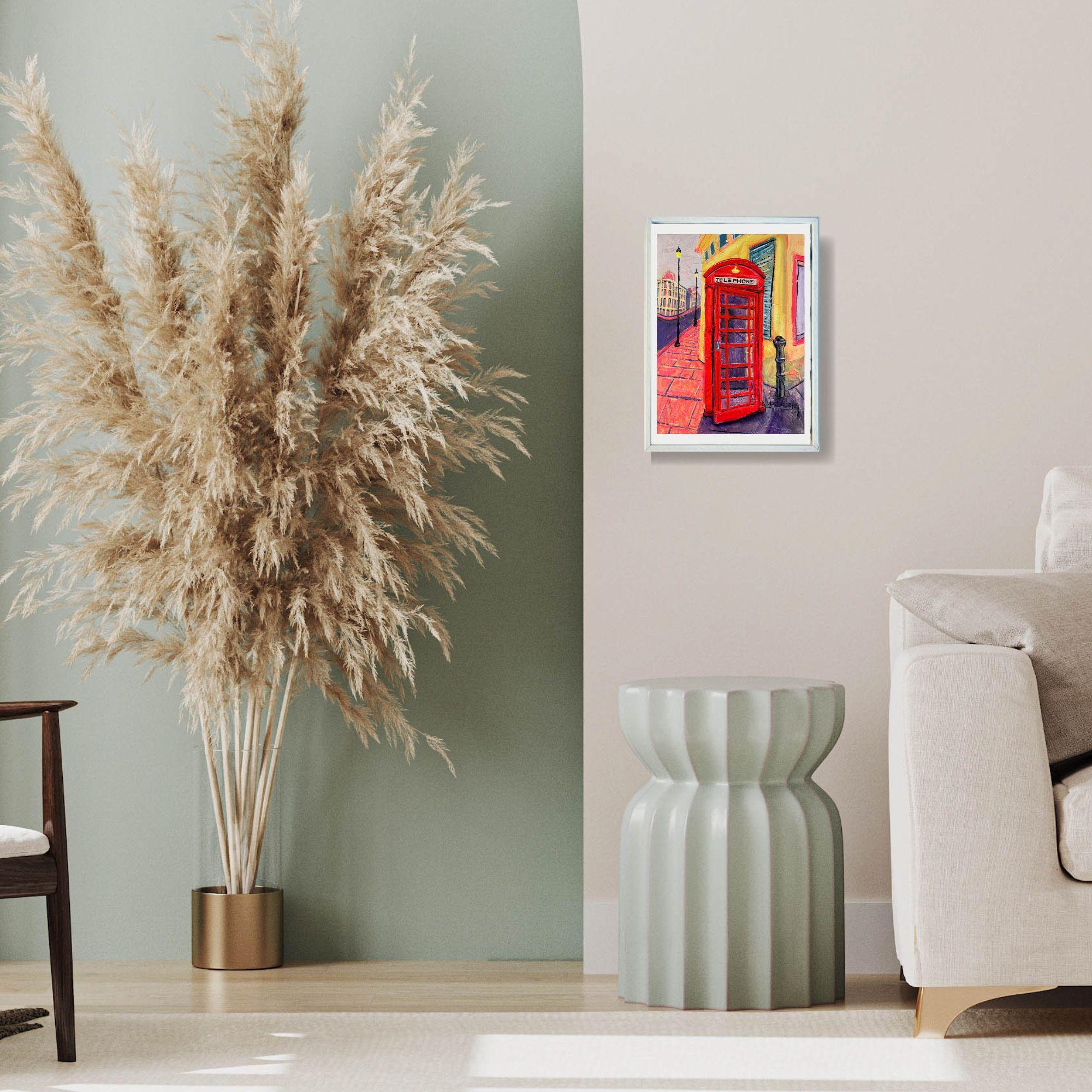 K6 Telephone Box - peinture à l'huile originale et moderne d'un paysage urbain de Londres - art contemporain - Painting de Lisa Bisbee