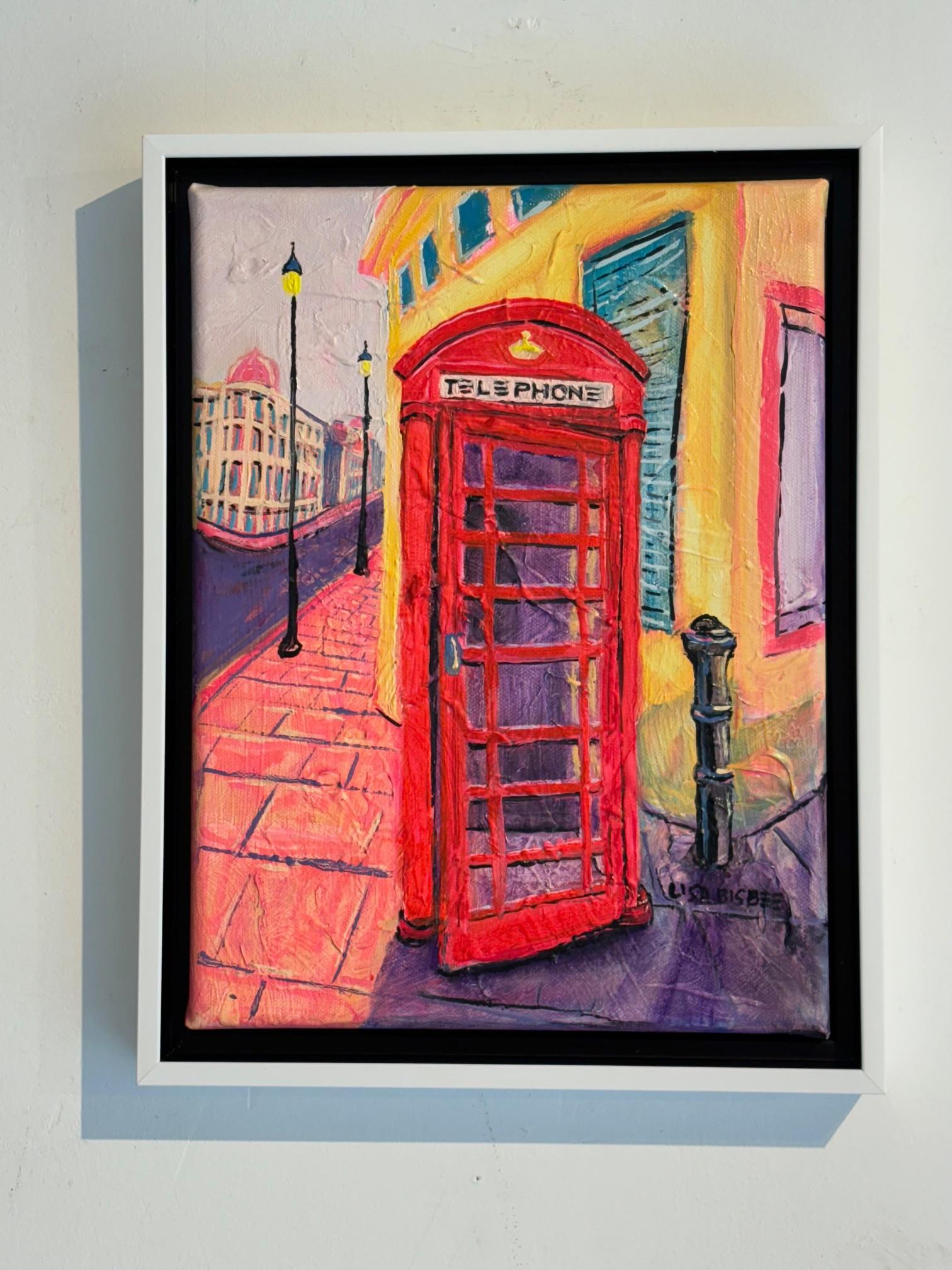 K6 Cabina telefónica-Pintura al óleo original de un paisaje urbano moderno de Londres-Arte contemporáneo - Painting Abstracto de Lisa Bisbee