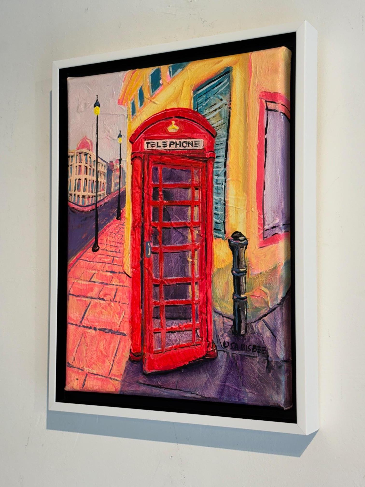 K6 Telephone Box - peinture à l'huile originale et moderne d'un paysage urbain de Londres - art contemporain - Orange Landscape Painting par Lisa Bisbee