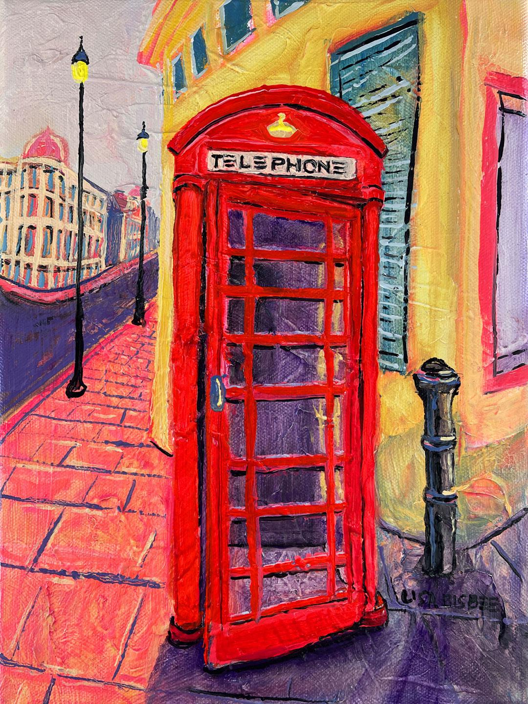 Lisa Bisbee Landscape Painting - K6 Telephone Box-original modern London cityscape oil painting-contemporary art