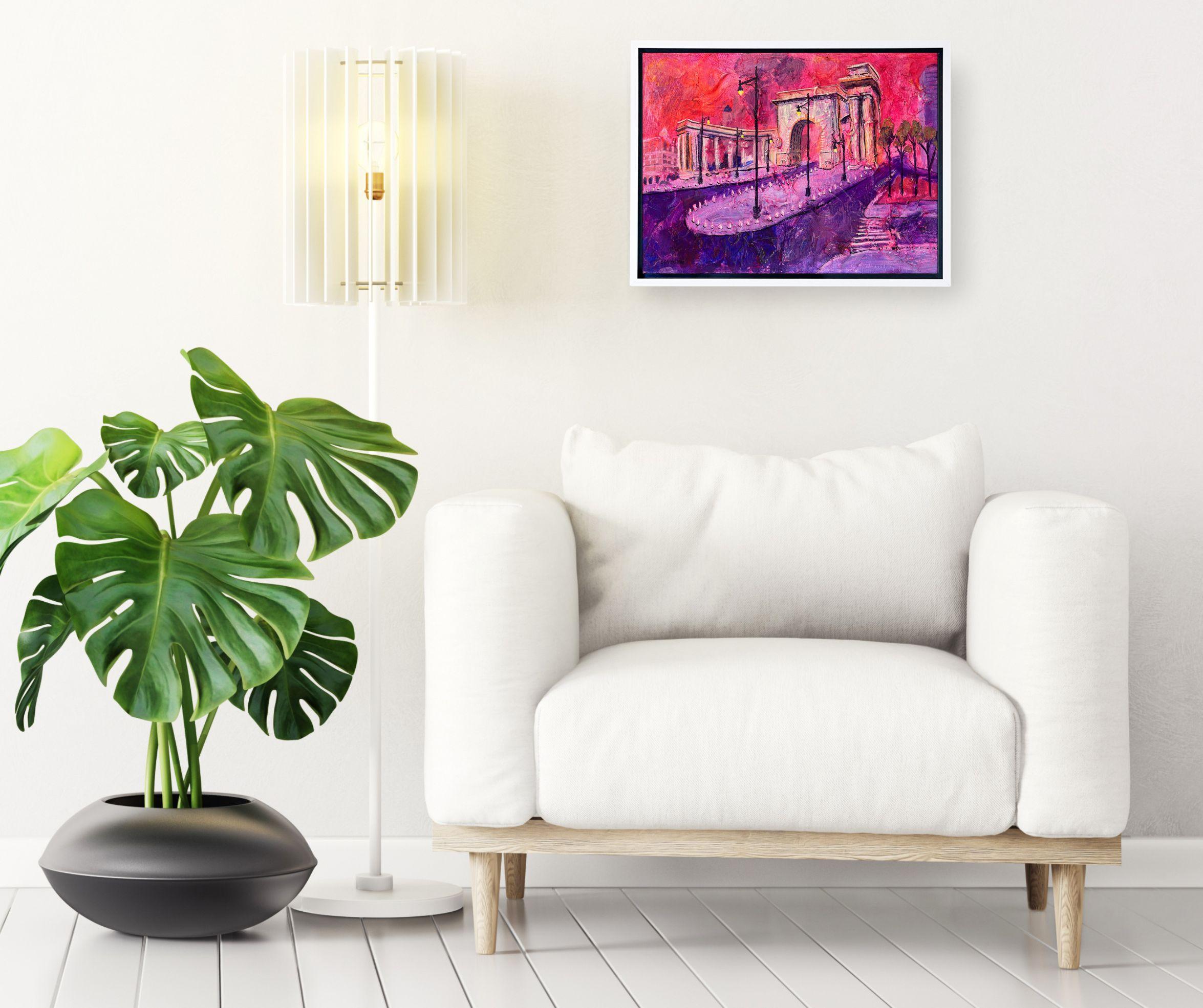 Arco y columnata del puente de Manhattan  - pintura al óleo original de un paisaje urbano moderno de NY - Painting de Lisa Bisbee