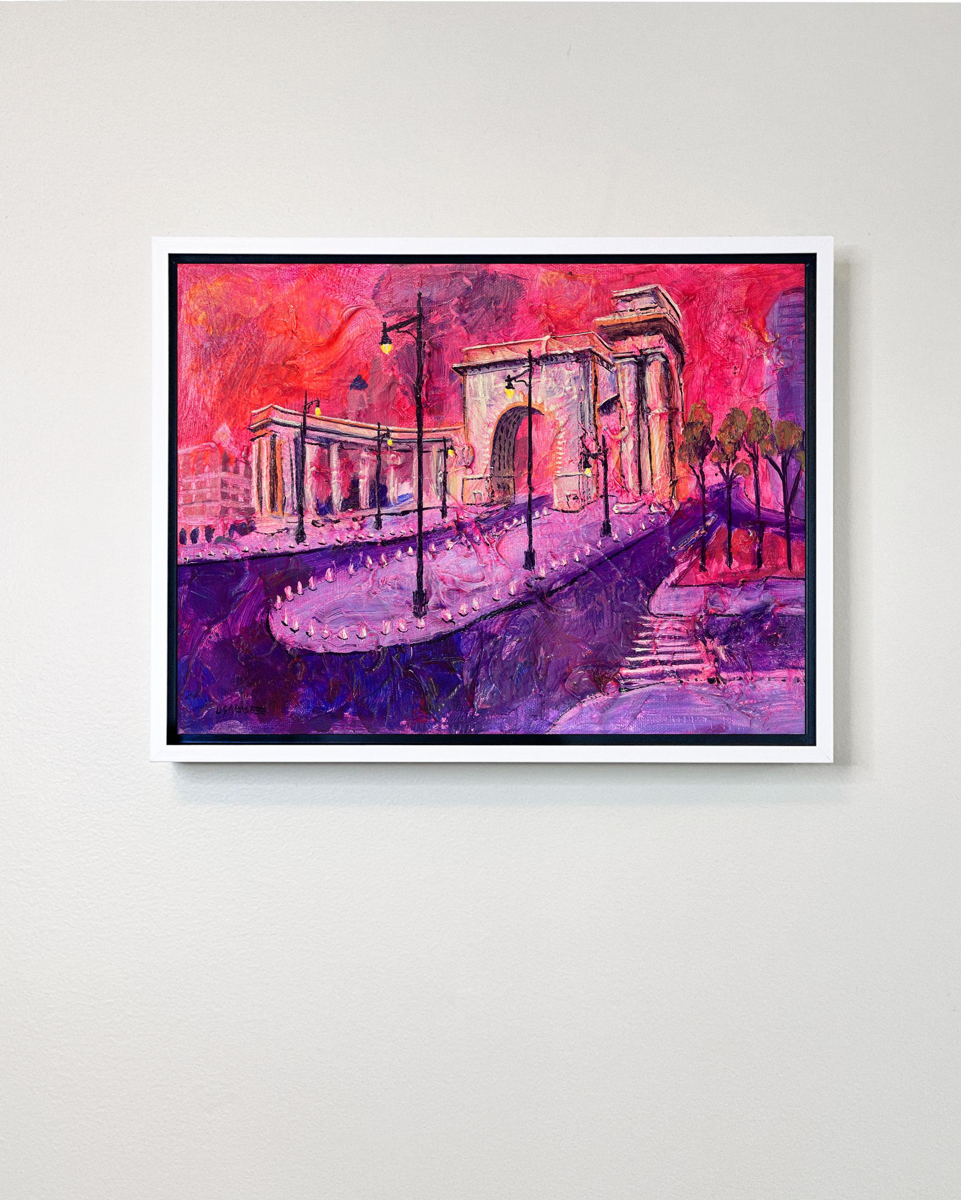 Arco y columnata del puente de Manhattan  - pintura al óleo original de un paisaje urbano moderno de NY - Painting Abstracto de Lisa Bisbee