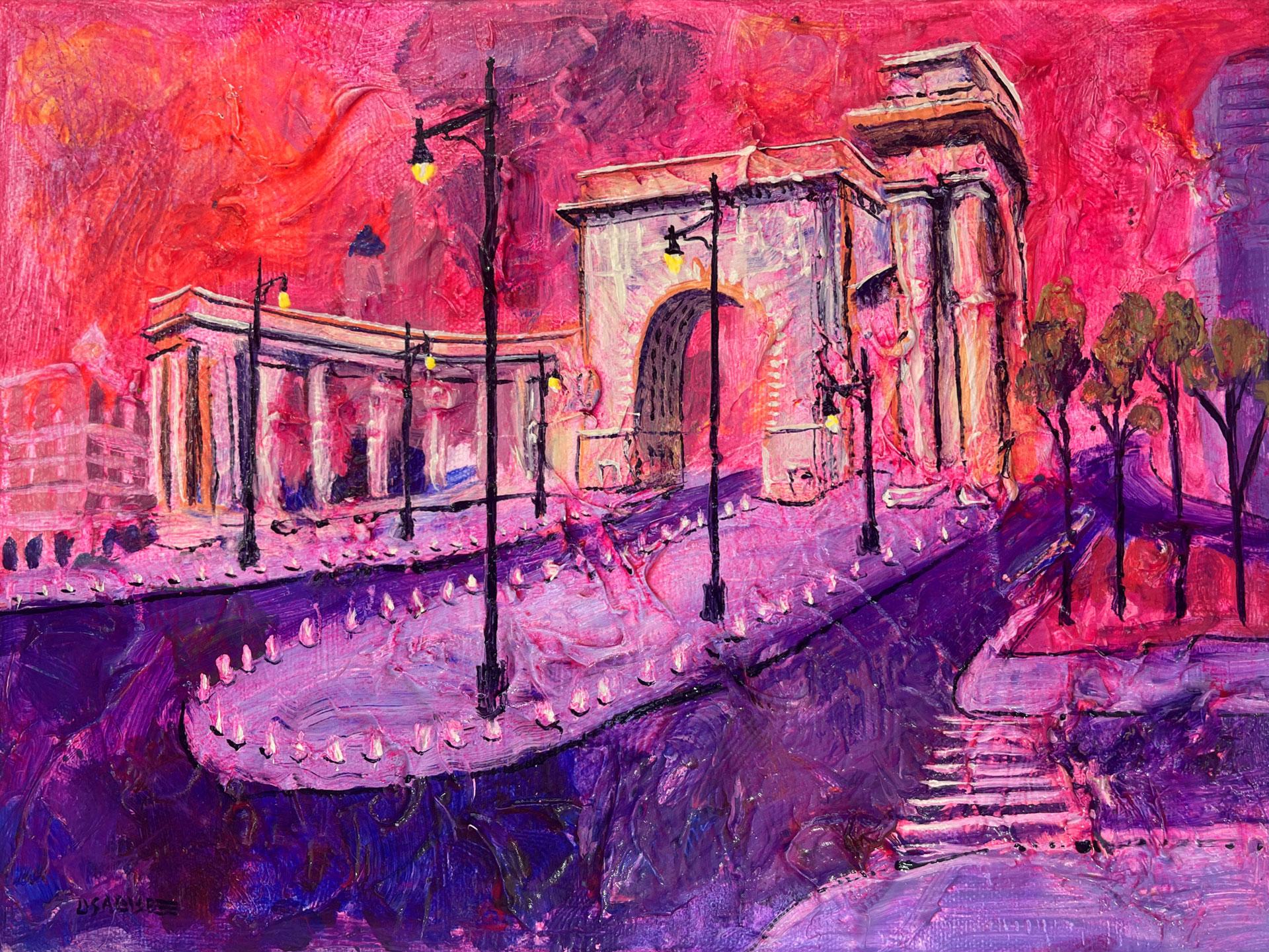 Landscape Painting de Lisa Bisbee - Arco y columnata del puente de Manhattan  - pintura al óleo original de un paisaje urbano moderno de NY