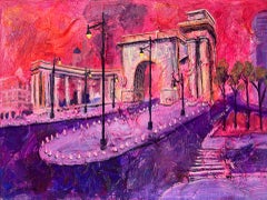 Arco y columnata del puente de Manhattan  - pintura al óleo original de un paisaje urbano moderno de NY