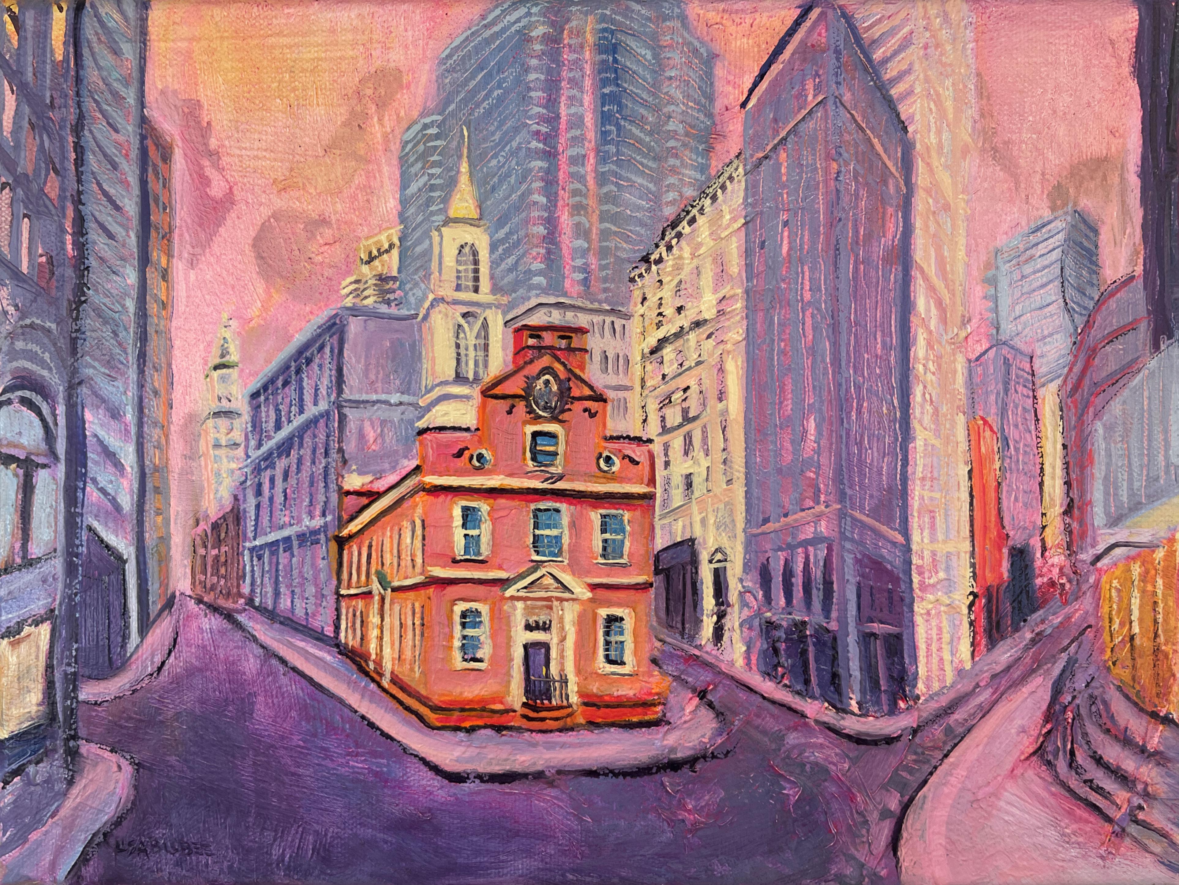 Old State House - peinture à l
huile originale d
un paysage urbain - œuvre d
art contemporaine
