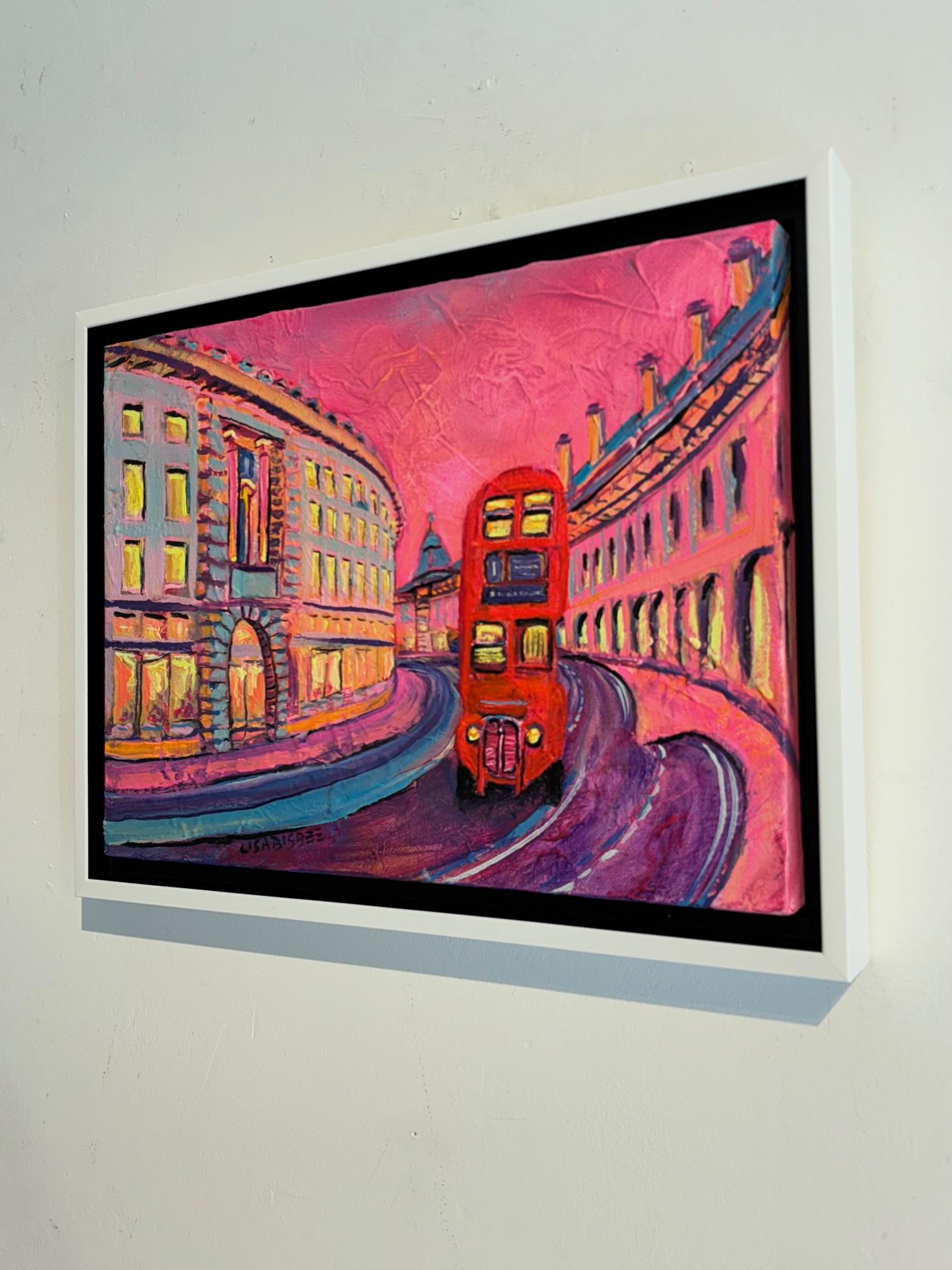 Piccadilly Circus-original modern London cityscape oil painting-contemporary art - Pink Landscape Painting by Lisa Bisbee