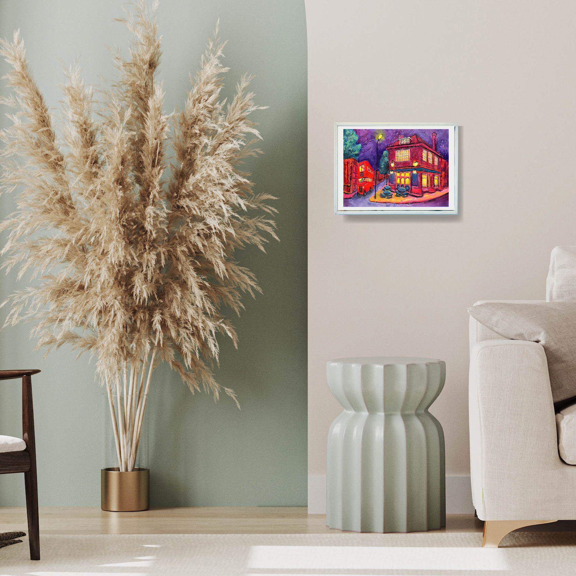 Pub und Bus-originale moderne Londoner Stadtlandschaft Ölgemälde-zeitgenössische Kunst – Painting von Lisa Bisbee