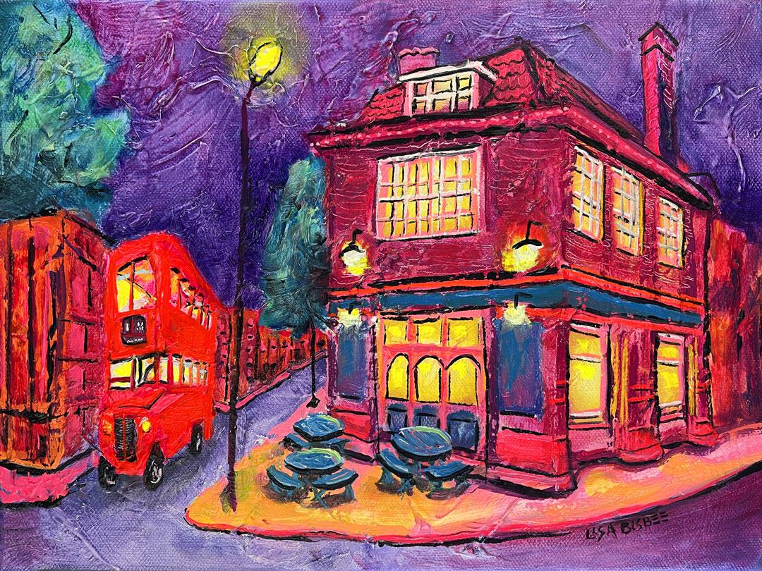 Pub et bus - peinture à l'huile originale moderne d'un paysage urbain de Londres - art contemporain