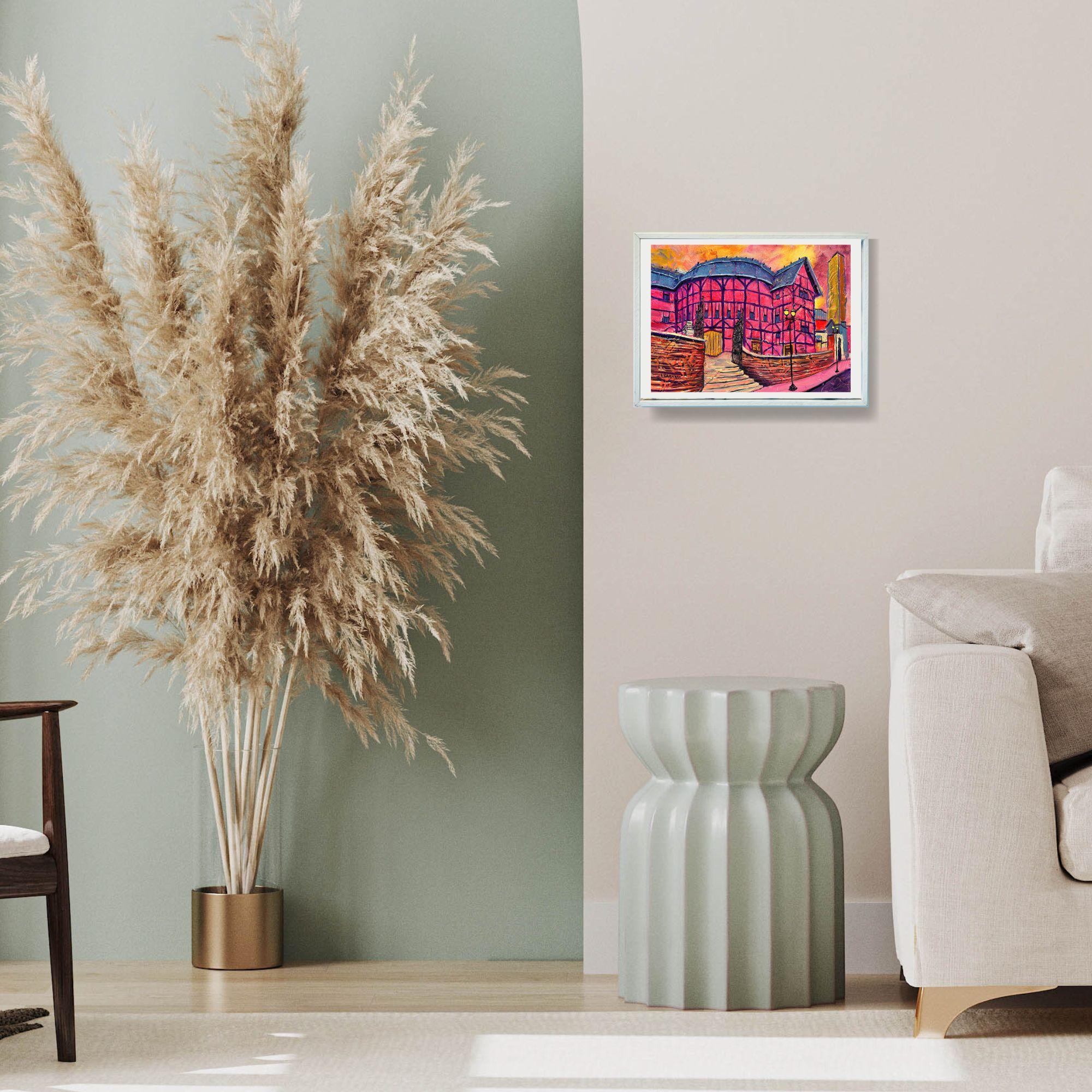 Shakespeare Globe-originale moderne Londoner Stadtlandschaft Ölgemälde-zeitgenössische Kunst – Painting von Lisa Bisbee