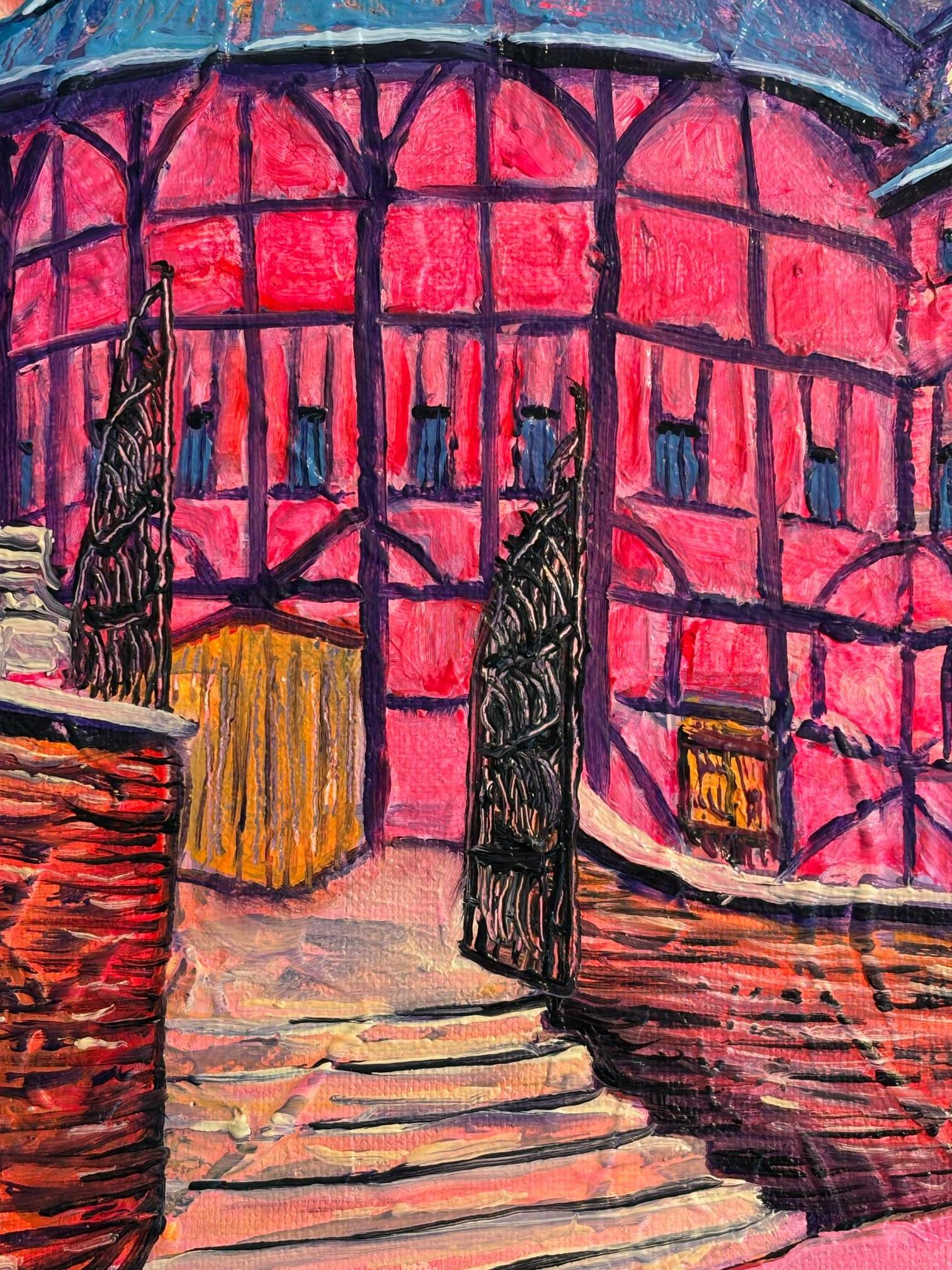 Shakespeare Globe - peinture à l'huile originale moderne du paysage urbain de Londres - art contemporain - Abstrait Painting par Lisa Bisbee