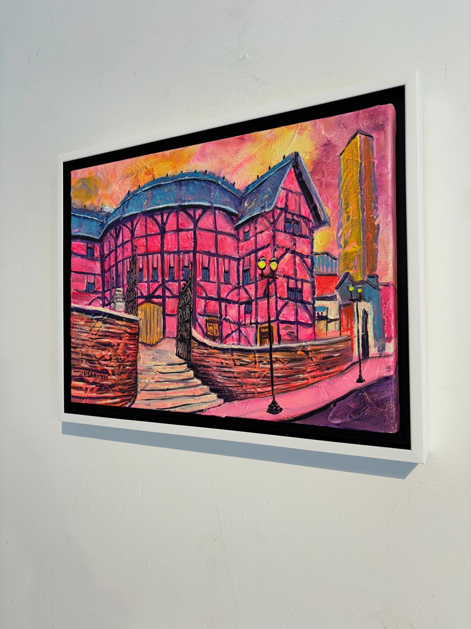 Shakespeare Globe-originale moderne Londoner Stadtlandschaft Ölgemälde-zeitgenössische Kunst (Pink), Landscape Painting, von Lisa Bisbee