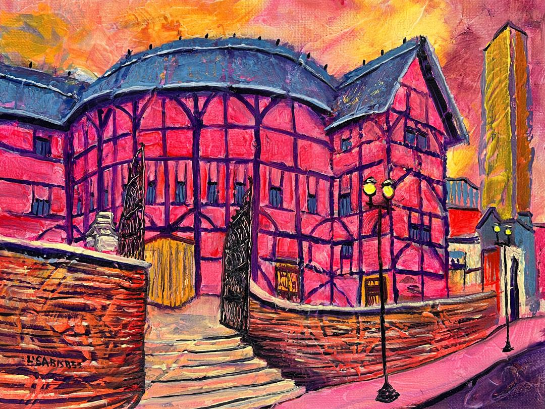Landscape Painting Lisa Bisbee - Shakespeare Globe - peinture à l'huile originale moderne du paysage urbain de Londres - art contemporain