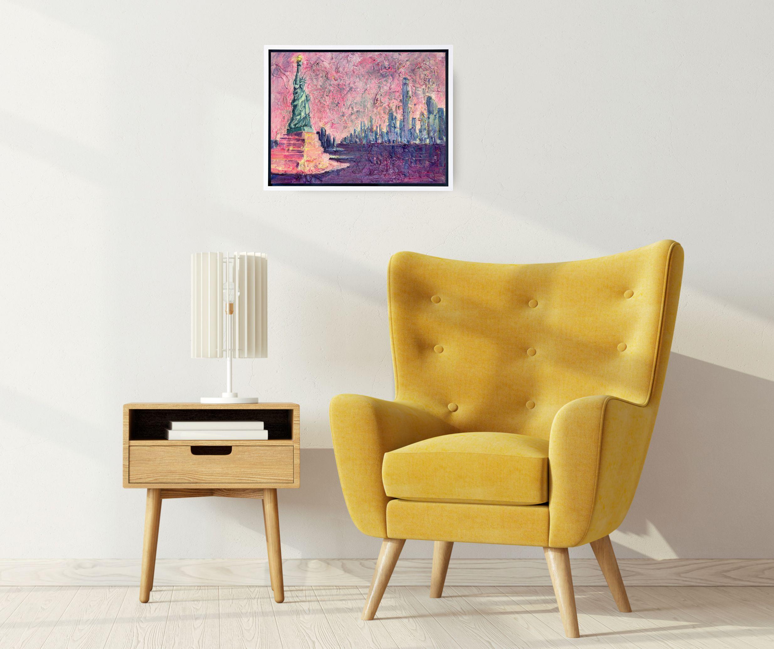 Estatua de la Libertad con Torre de la Libertad - obra original de paisaje urbano moderno de NY - Painting de Lisa Bisbee