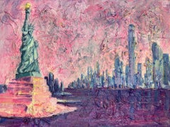 Estatua de la Libertad con Torre de la Libertad - obra original de paisaje urbano moderno de NY