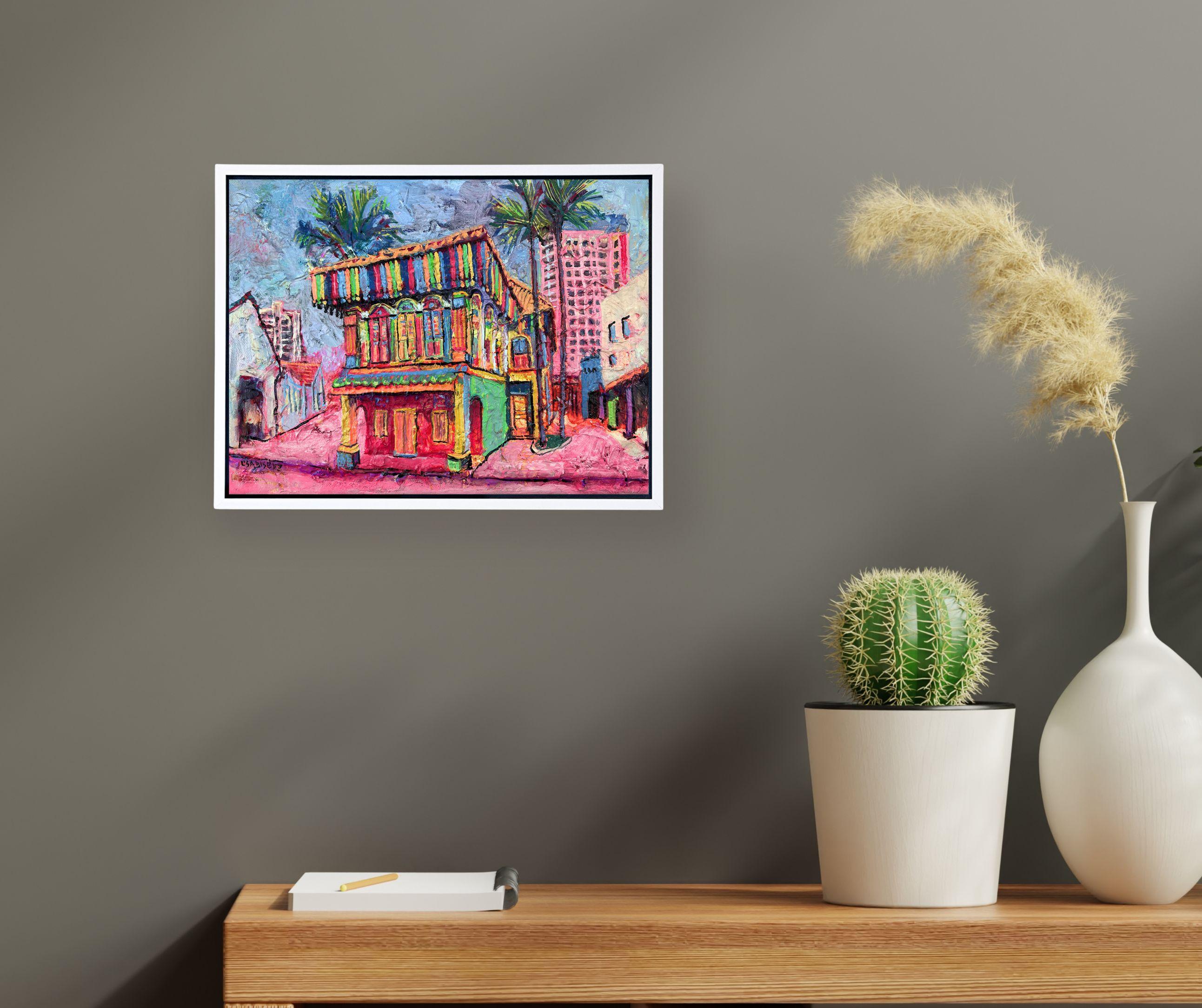 Tan Teng Niah House - Original Stadtbild Ölgemälde - zeitgenössisches Kunstwerk (Abstrakt), Painting, von Lisa Bisbee