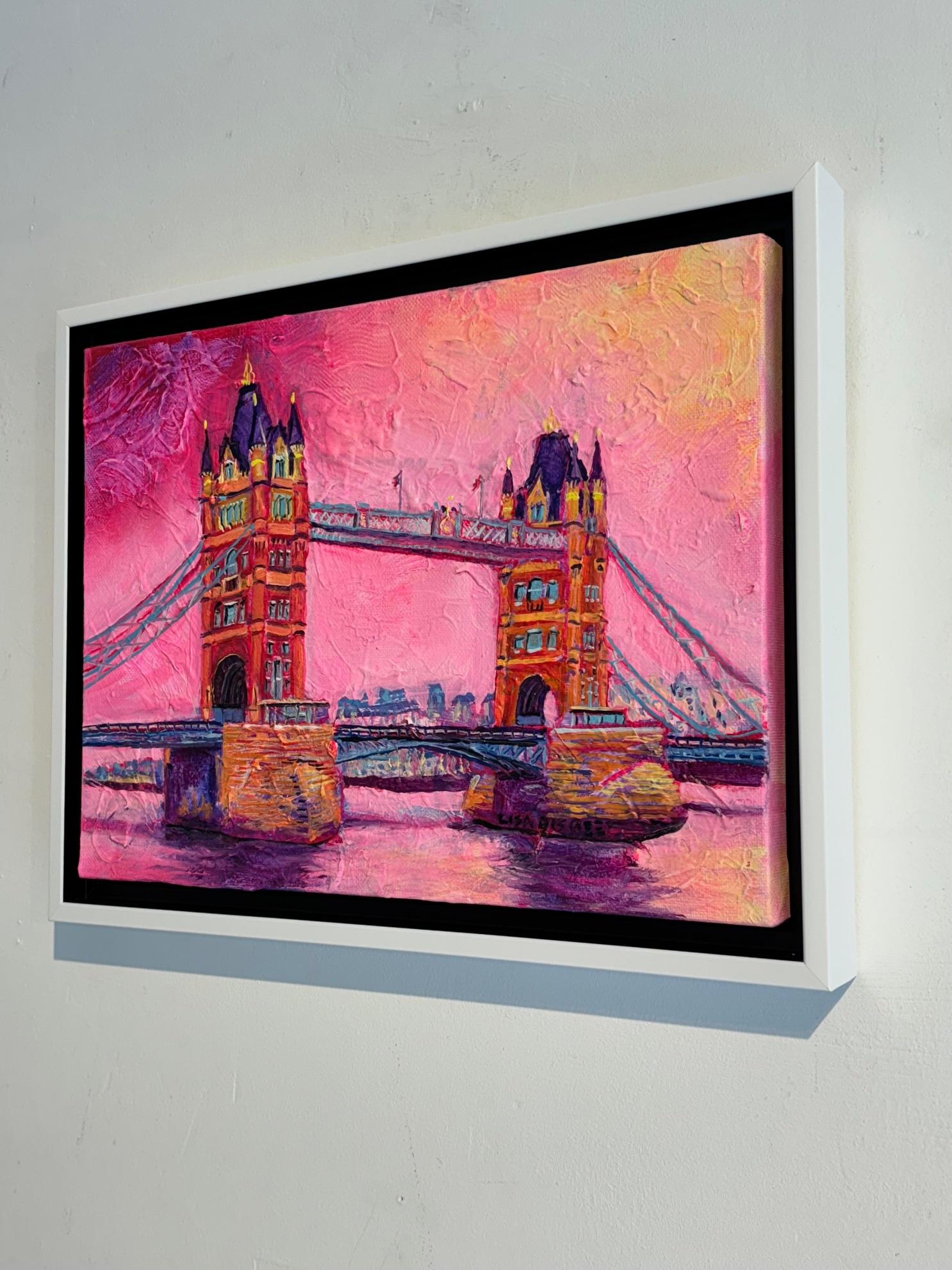 Tower Bridge -original modern London cityscape oil painting- contemporary art - Pink Landscape Painting by Lisa Bisbee