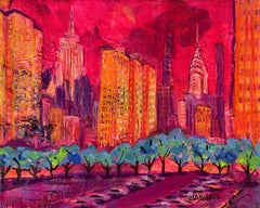 Vista da Williamsburg - paesaggio urbano originale di New York - pittura a olio arte contemporanea