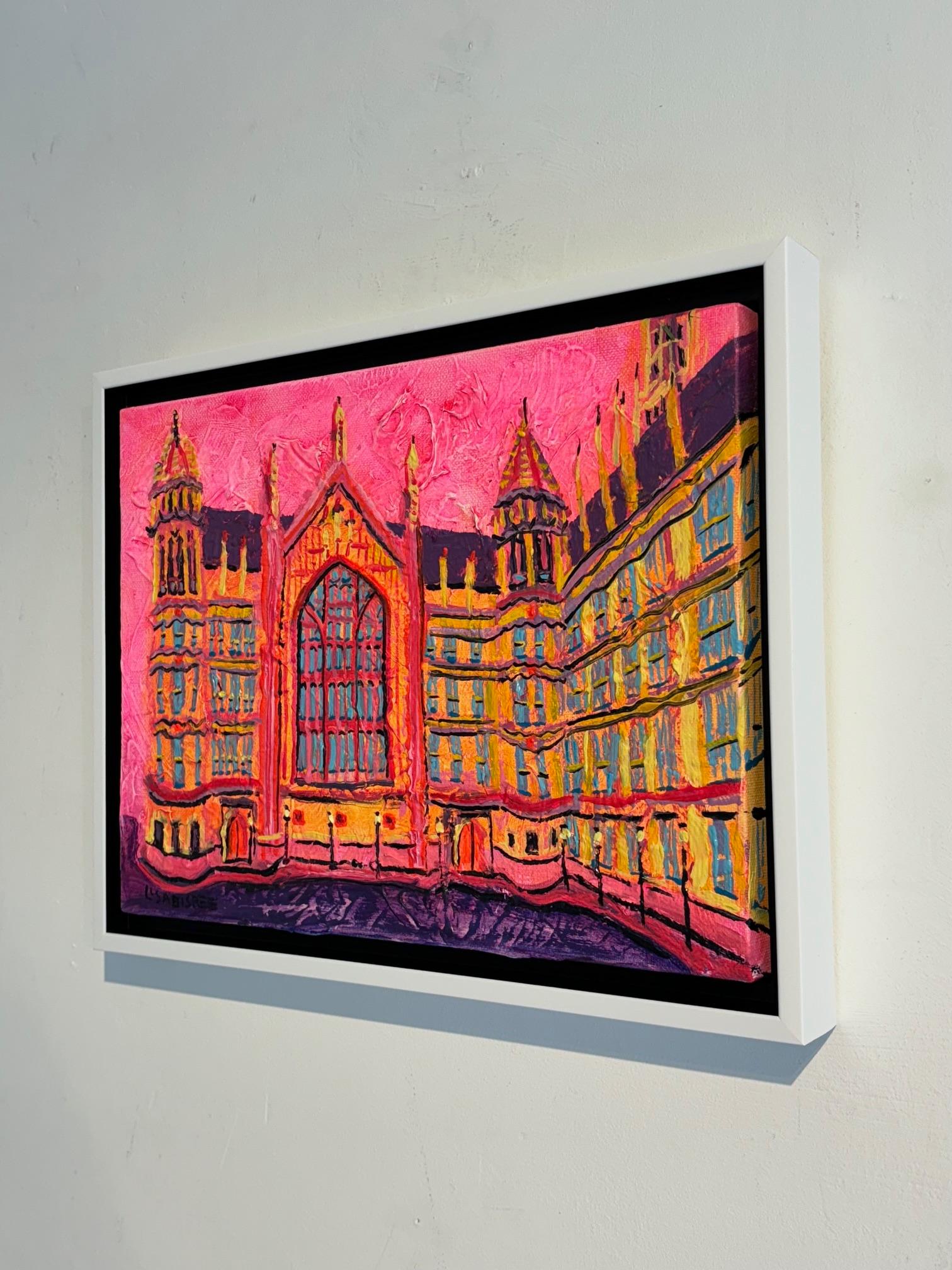 Westminster Hall-originale moderne Londoner Stadtlandschaft Ölgemälde-zeitgenössische Kunst (Orange), Landscape Painting, von Lisa Bisbee