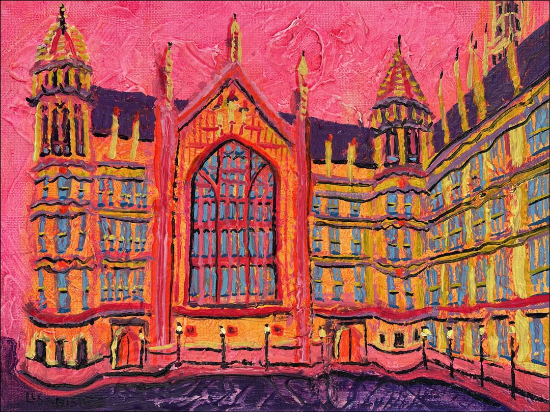 Westminster Hall - peinture à l'huile originale et moderne d'un paysage urbain de Londres - art contemporain