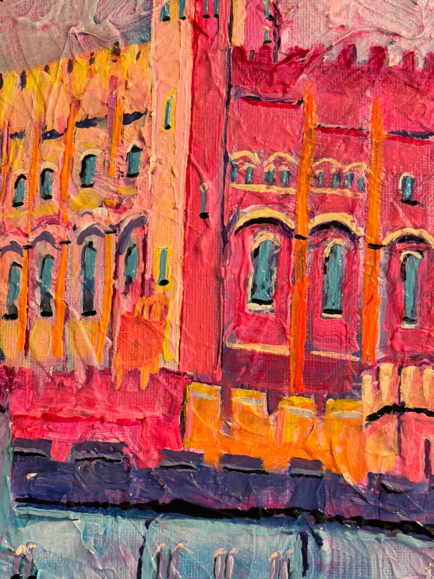 White Tower-original modern London cityscape oil painting-contemporary art - Pink Landscape Painting by Lisa Bisbee